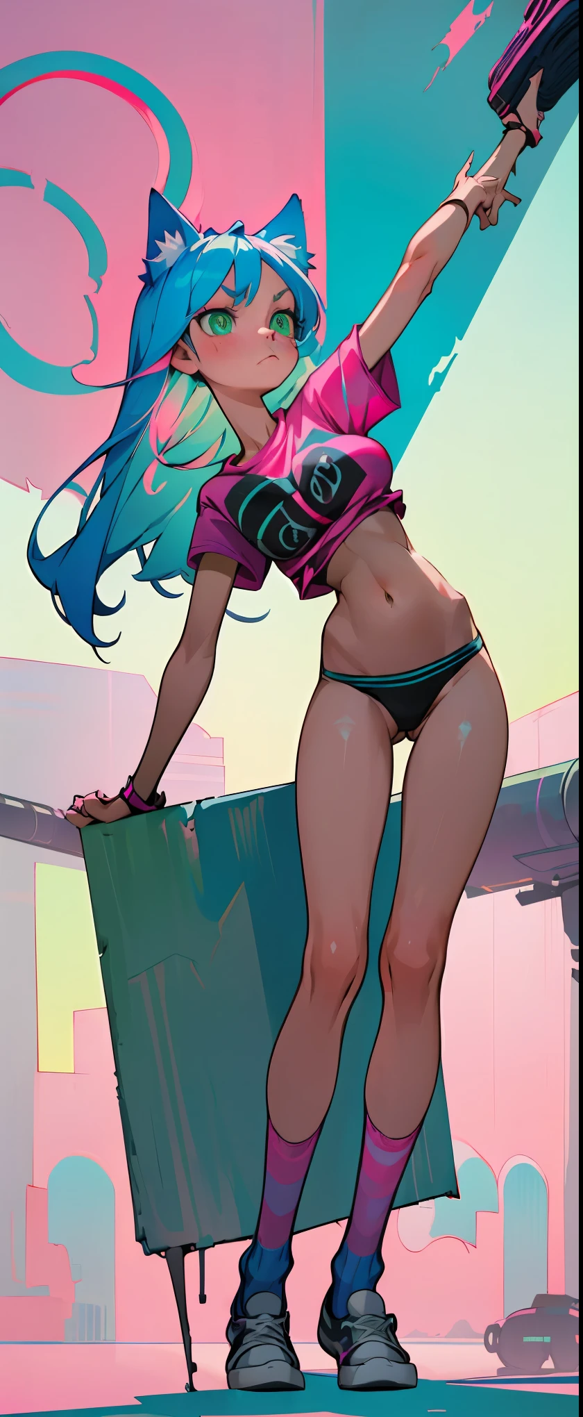 1 woman, Long blue hair with pink stripes, smooth, green eyes, Bored face , cat ears , Pink T-shirt , black bikini , abdomen, big breasts , Long legs , Open your legs. , Stretch... , sock , canvas shoes , abandoned factory,