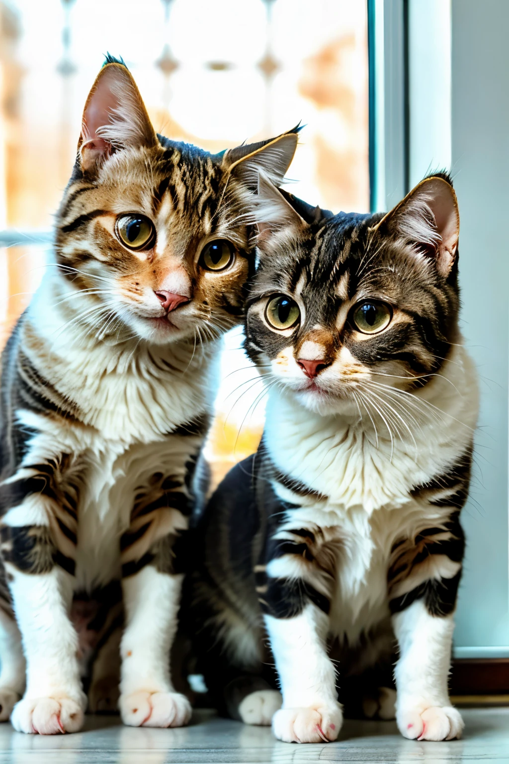 Professional photo of Two adorable round-eyed cats taking selfies with selfie sticks, captured in exquisite detail with a 15mm lens, aperture f/2.8, shutter speed 1/500 sec, and ISO 2000. Savor the sunlit scene outside the window, as the felines curiously interact with their reflective devices, showcasing their mischievous grins. High definition and richly textured foreground with a close-up focus.
Masterpiece, Best quality, Intricate details, highly detailed, Refined angle, Exquisite cat portraits, Two captivating round-eyed felines, playfully