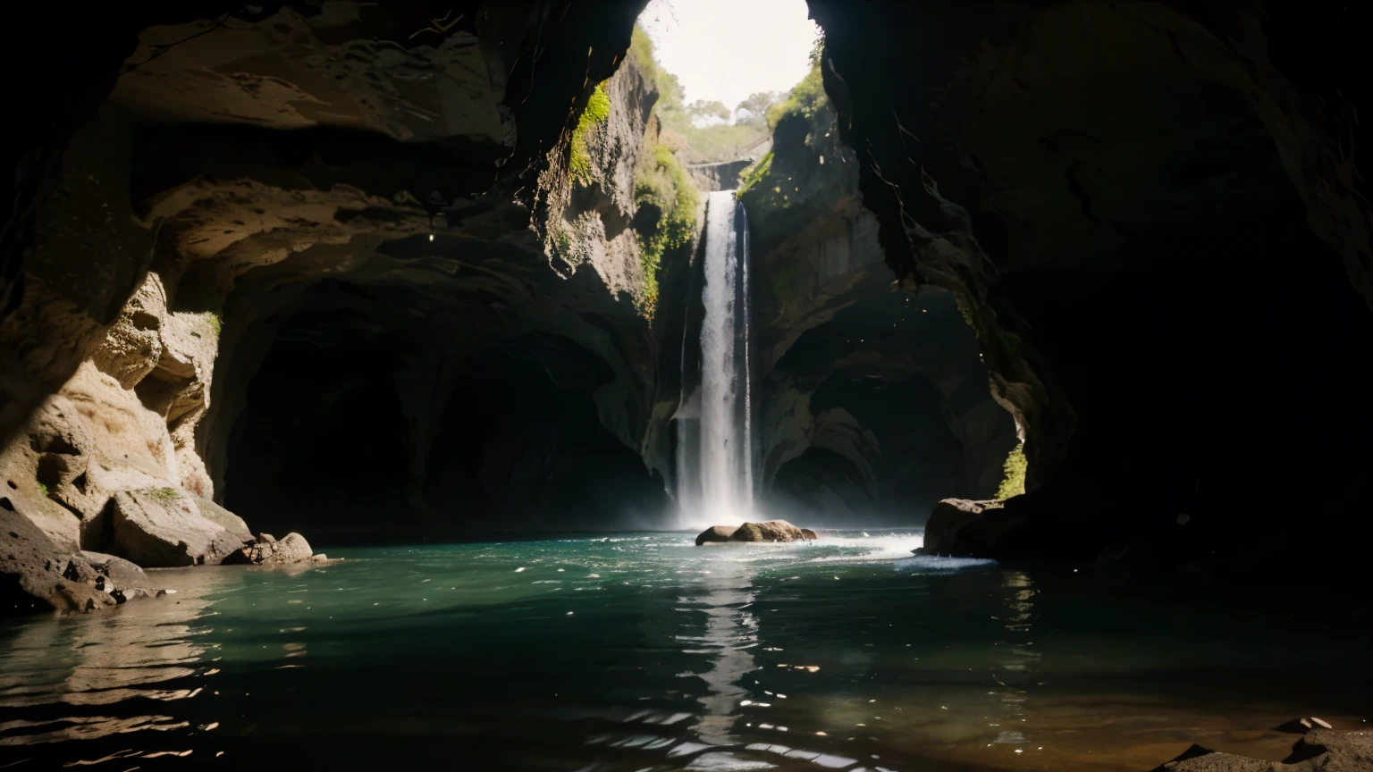 A cave, water on the left side, light coming in from the back, realistic 