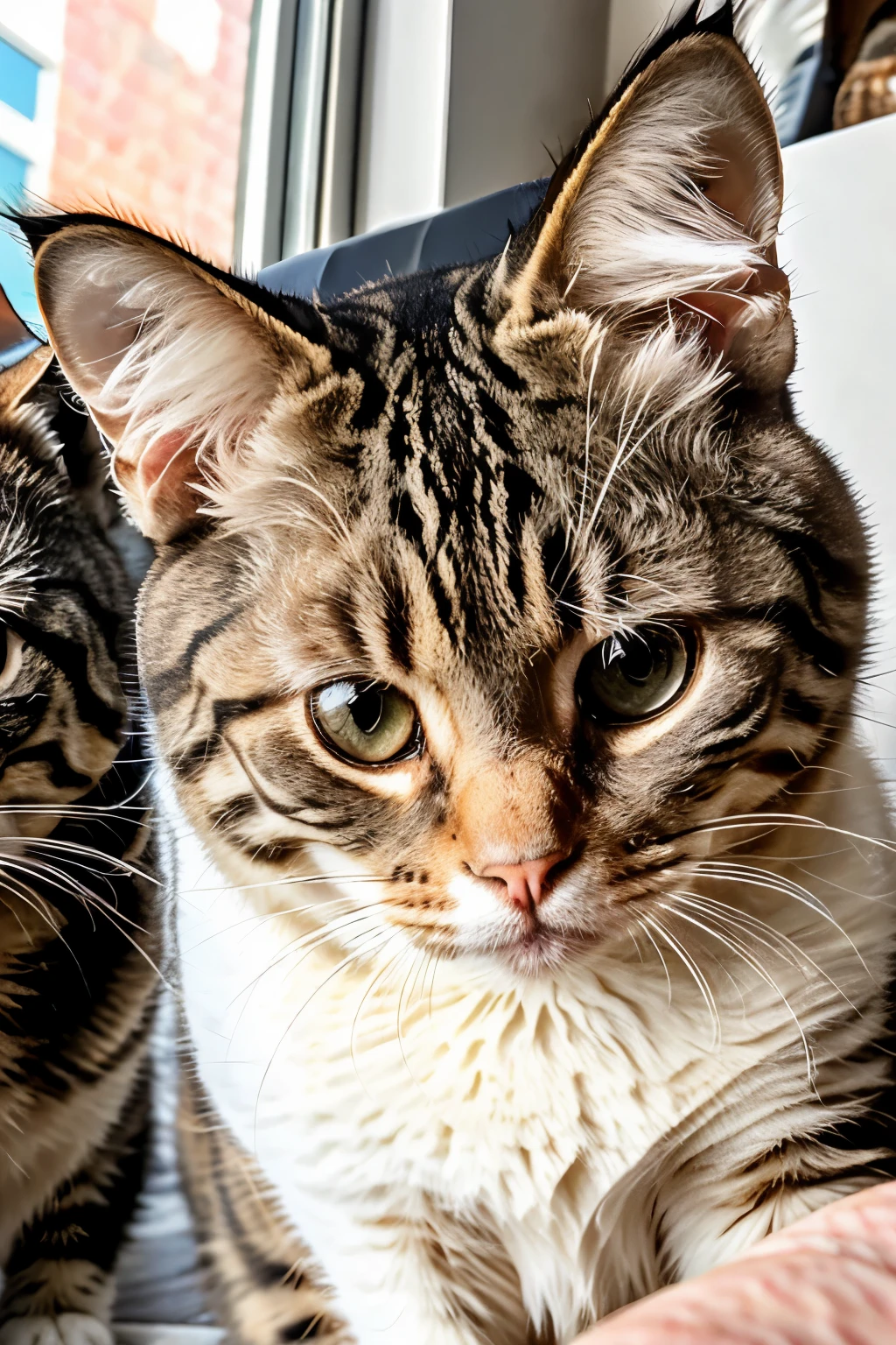 Professional photo ofTwo round-eyed cats taking selfies with selfie sticks, captured in high detail with a 15mm lens and an f/2.8 aperture. Shutter speed set at 1/500sec, ISO at 2000 for optimal lighting. Sunlight filtering in from outside the window casting a warm glow. Close-up, bottom up view focusing on their adorable round eyes and expressive faces. Foreground filled with the cats' soft fur and selfie sticks. Sharp focus ensuring every whisker and facial feature is captured in the finest detail. Ultra-realistic photography in 8K UHD post-processing for maximum texture and roughness, truly reflect