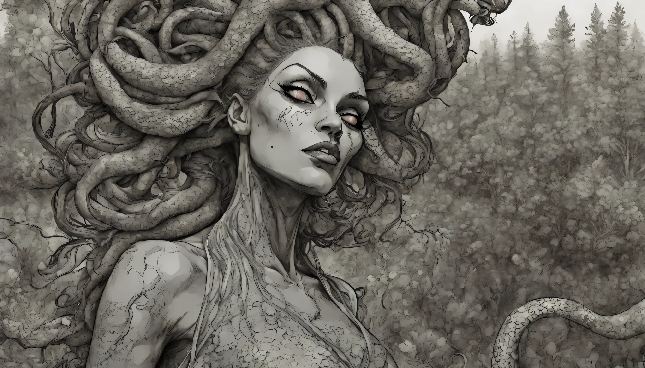 candid, Medusa, snake-haired, 2.5d joelle jones sketch, (art style rough charcoal Gerardo Zaffino blended with expressive ink lines of Sean Gordon Murphy), color grading depth shading, decompressed comic, snake skin dress, pine barrens, sunset, cosmos, green to brown, deep fiery radiant ROYGBIV, (background, pine barrens, entropy, rewilding, magic hour sunset with galaxy stars, cosmos), (face, ornate black metal corpse paint, resembles Grace Jones), craftsmanship nuance, (horror, abstract, surreal, body, cosmic), splash page, subliminal orchids, experimental, unfinished, optical illusion, long multiple exposure, no light source,

