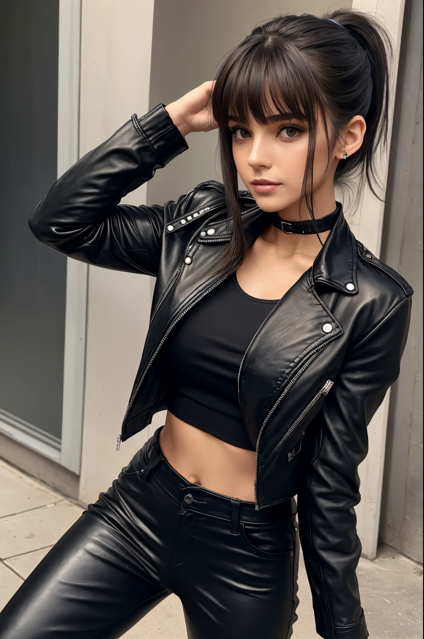 Realism, a 25 - year - old girl, dark hair, a ponytail on her head, bangs falling, face, beautiful hairstyle, light makeup, dressed in a leather jacket, dressed in leather pant, beautiful shoes --ar 2:3 50 --style raw --s 2