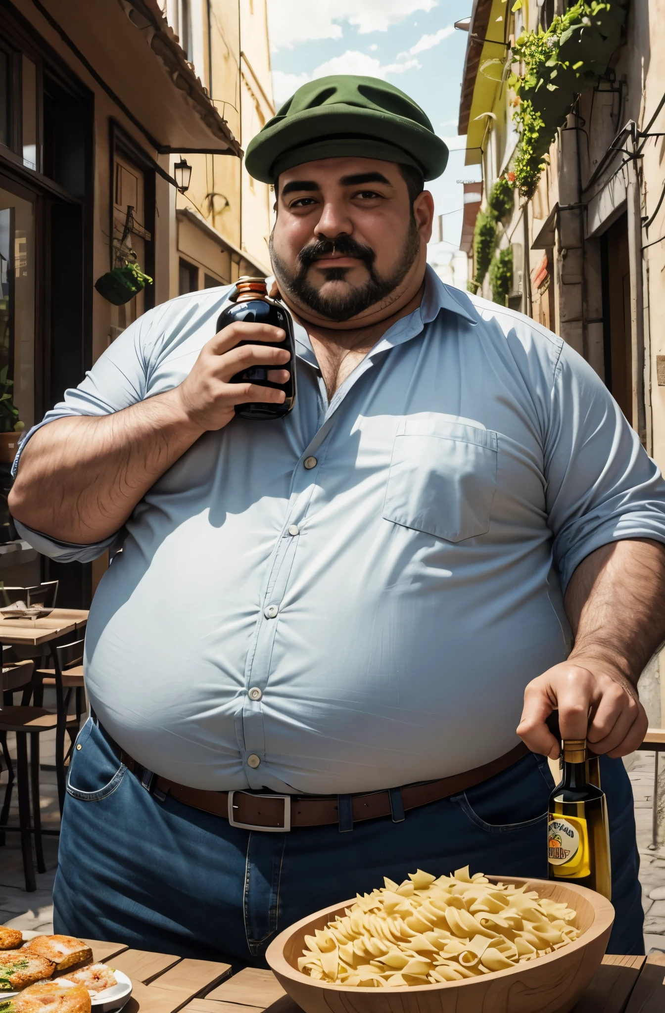 60-year-old truck drivers kissing, boca na boca, olhos fechados apaixonados, corpos gordos, full-bodied truck driver on the left, wearing a messy mustache and wavy hair, White stubble and truck driver, jeans, No meio, vestindo uma camisa xadrez vermelha aberta, corpo grande, forte, barriga robusta vestindo shorts verdes, cabelo cortado nas laterais e cravado por cima, Truck driver on the right has a fat body and a very hairy chest of very large body; Black pants with hairy stomach open at bottom, a huge red and black road truck ((( em um beijo apaixonado))), (((peitoral muito peludo))), tatuados, (((barriga grande))), (rosto detalhado:1.3), (hyper-realistic:1.3), (((fabrica abandonada e suja))), 8k
