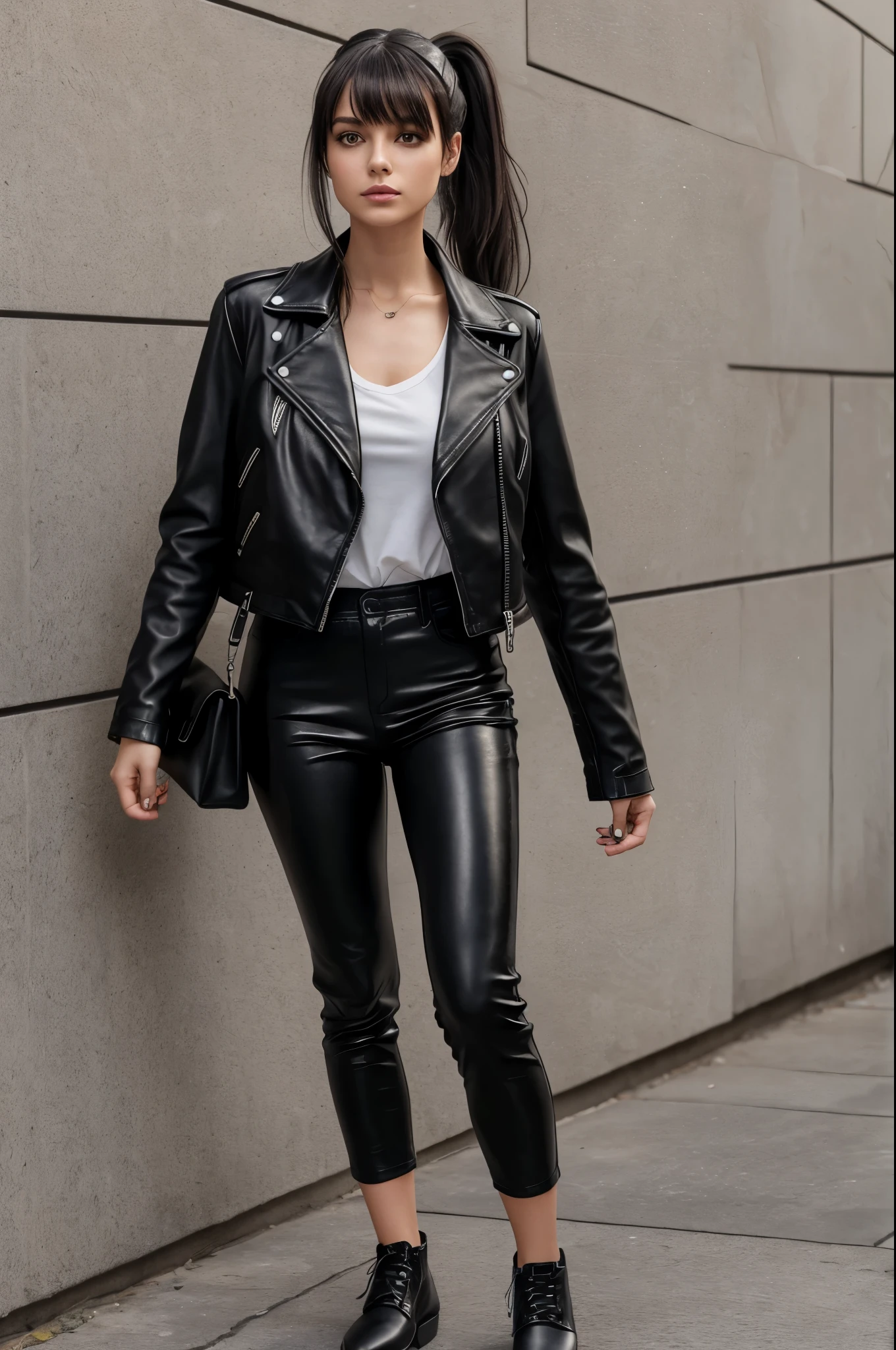 Realism, a 25 - year - old girl, dark hair, a ponytail on her head, bangs falling, face, beautiful hairstyle, light makeup, dressed in a leather jacket, dressed in leather pant, beautiful shoes --ar 2:3 50 --style raw --s 2