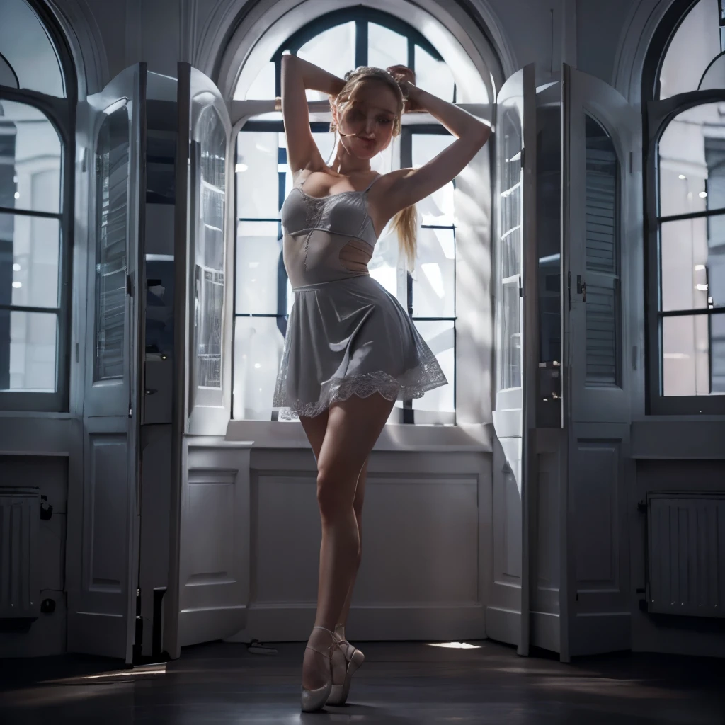 A beautiful naked Russian model is dancing near the window, she's nude   ... , Dramatic scene, low light room , black trees are back of the window, red shoes, Persian architecture