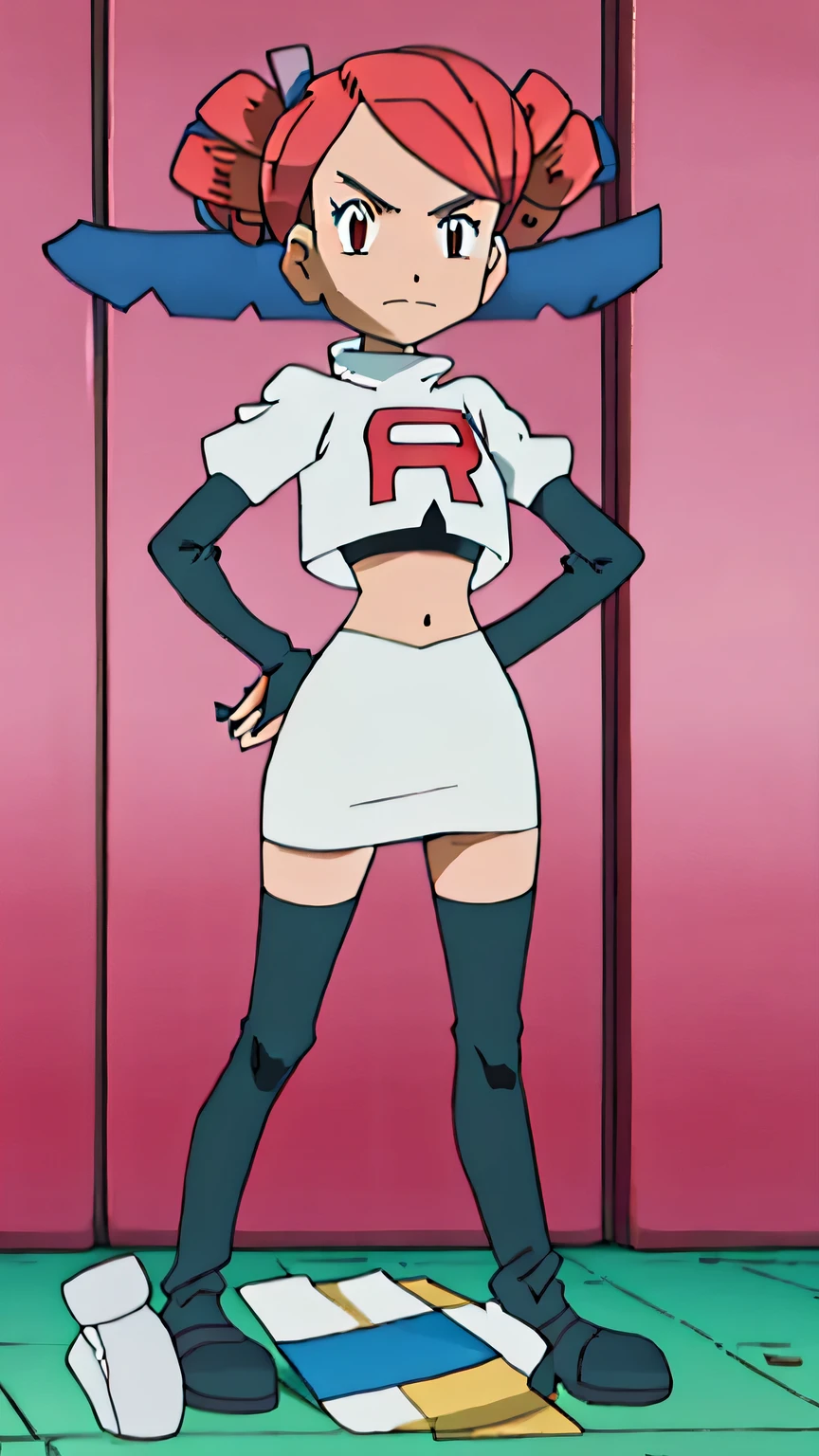 masterpiece, best quality, highres,team rocket uniform, red letter r, white skirt, white crop top, black thigh-high boots, black elbow gloves, glaring angrily, looking at viewer, hands on hips, full body seen, zettai ryouiki