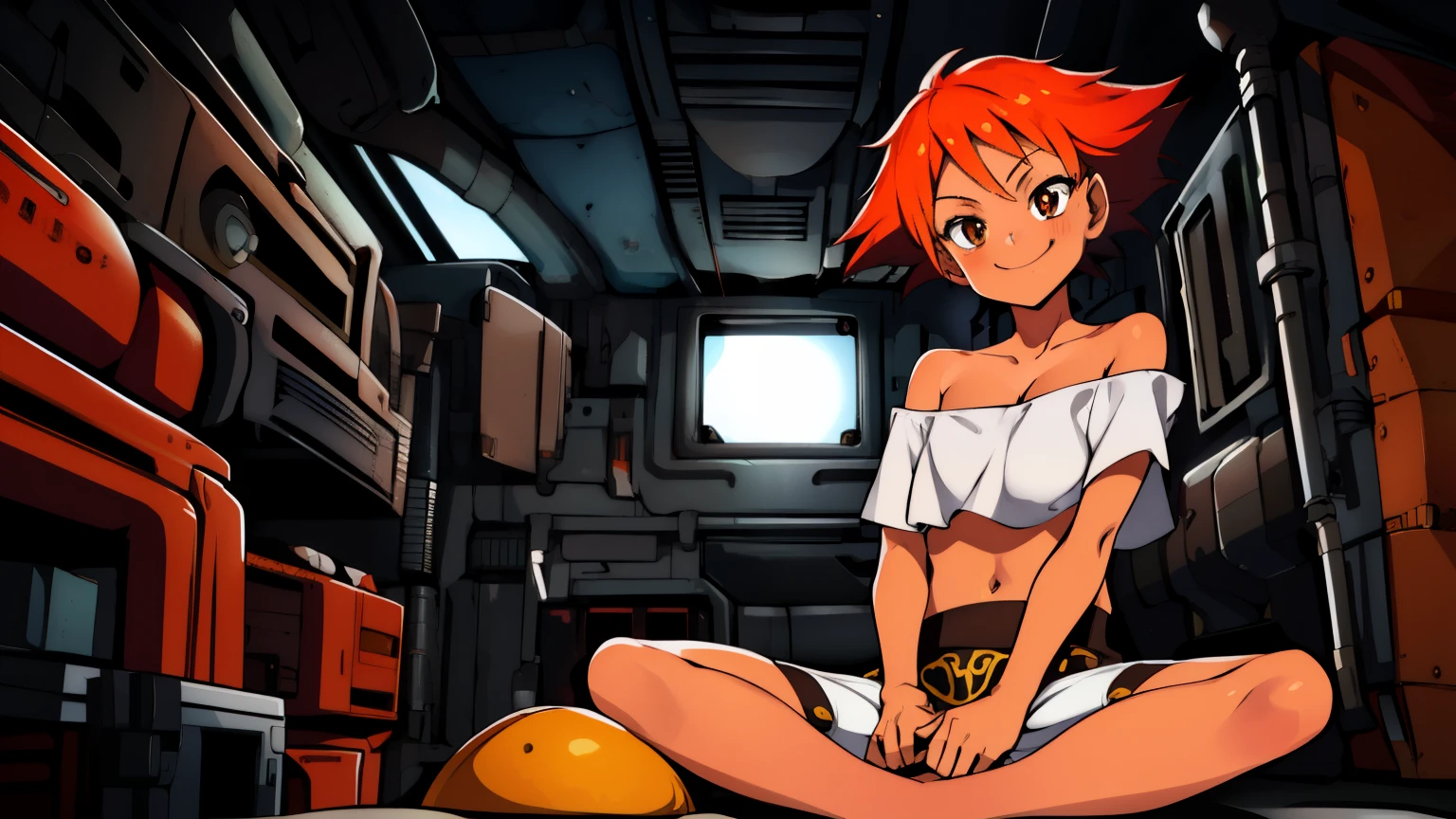 Edward,midriff,orange hair,white shirt,off shoulder,collarbone,tan skin, black bike shorts,goggles, brown eyes, space station,engine room, upper body,sitting, (((lotus position)))smiling, bedroom eyes, breasts, cleavage (insanely detailed, beautiful detailed face, masterpiece, best quality),