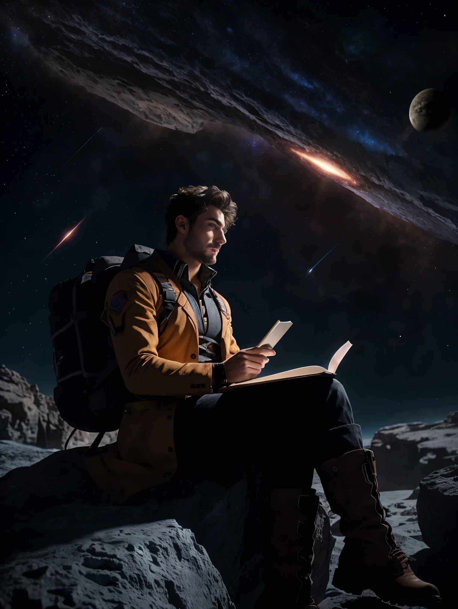 Draw a young programmer, sitting on a research platform floating in the middle of an asteroid belt. He is studying with a notebook, surrounded by several asteroids glowing with fiery auras. Dramatic lighting from distant stars and planets illuminates the scene, casting deep shadows on the suit. The young man looks confident and determined, looking at the vast and mysterious universe with wonder and respect,facial hair, cowboy shot,