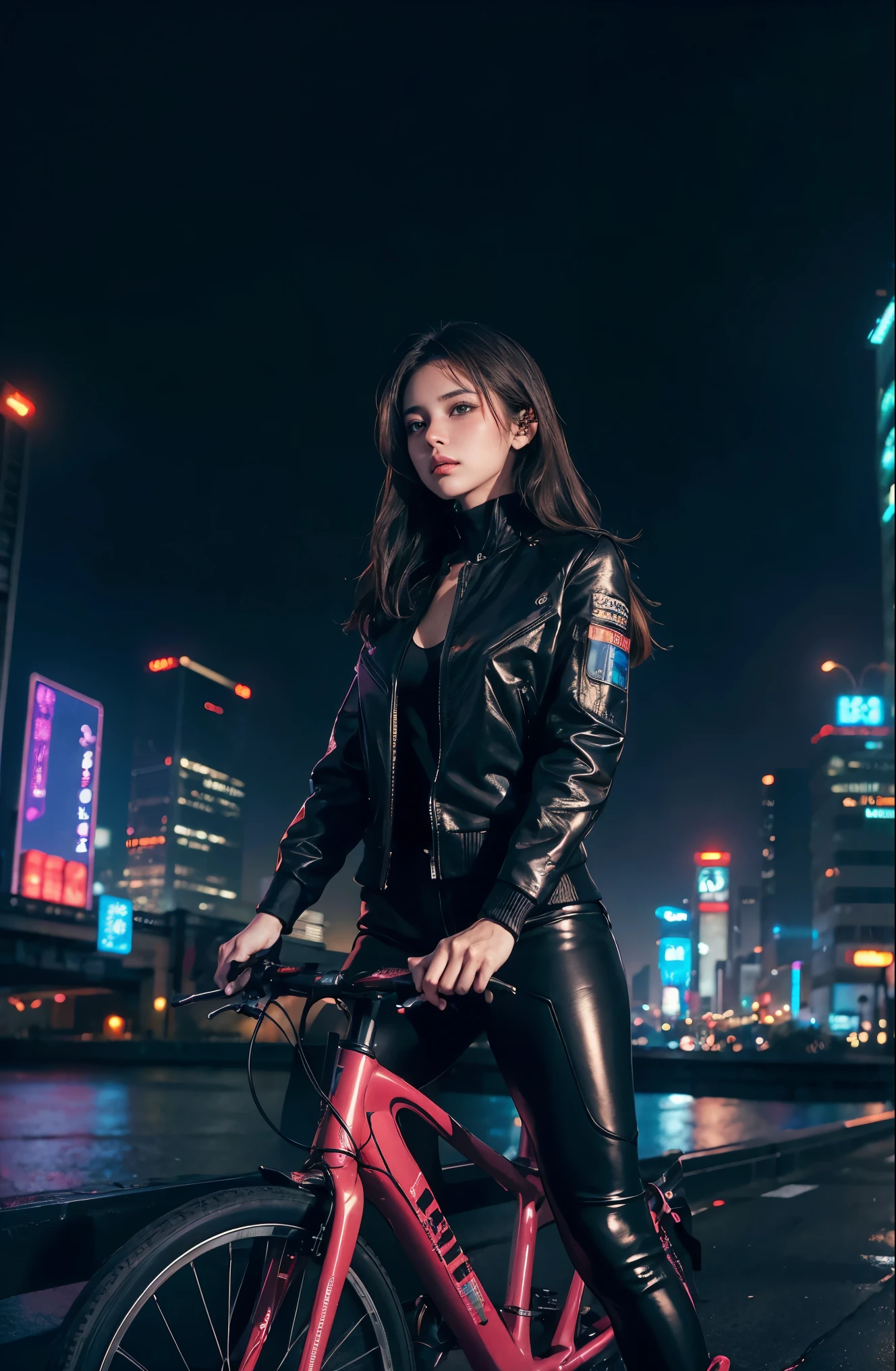 highest quality, masterpiece, photograph, 4K, photographrealistic, very detailed,
A girl riding a large bike, tech wear, cyberpunk city, alone, futuristic, Shuto Expressway in the background、Neon lights in the background、Wear clothing that is open at the chest area
