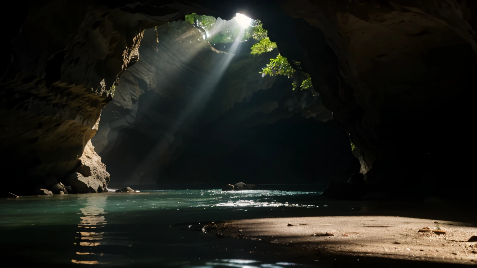 A cave, water on the left side, light coming in from the back, realistic
