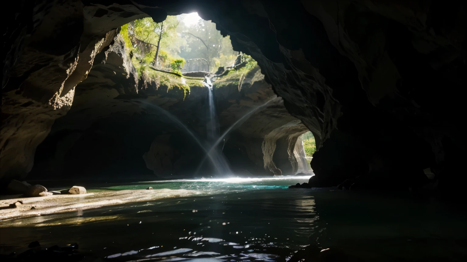 A cave, water on the left side, light coming in from the back, realistic