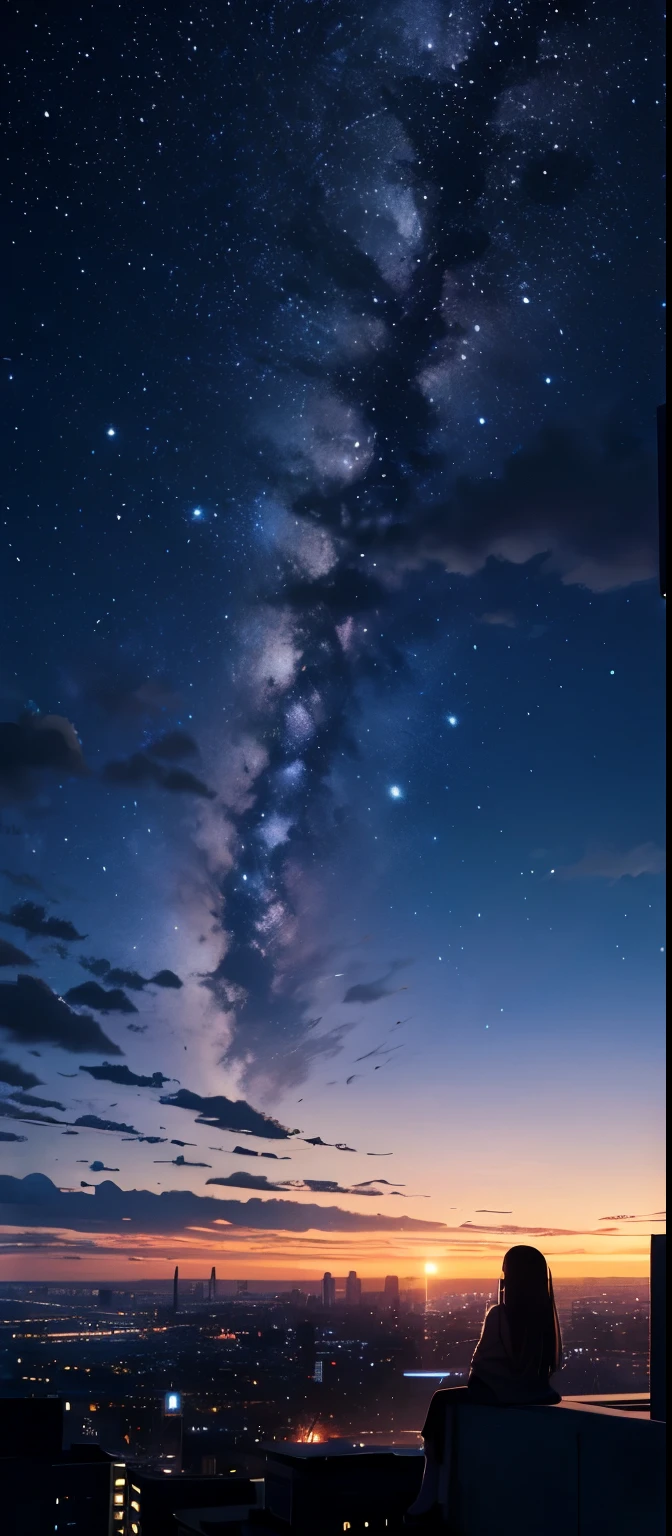 Octanes, sky, star (sky), landscape, starry sky, night, 1 girl, night sky, One, on open air, building, cloud, the Milky Way, is sitting, tree, long hair, city, silhouette, cityscape