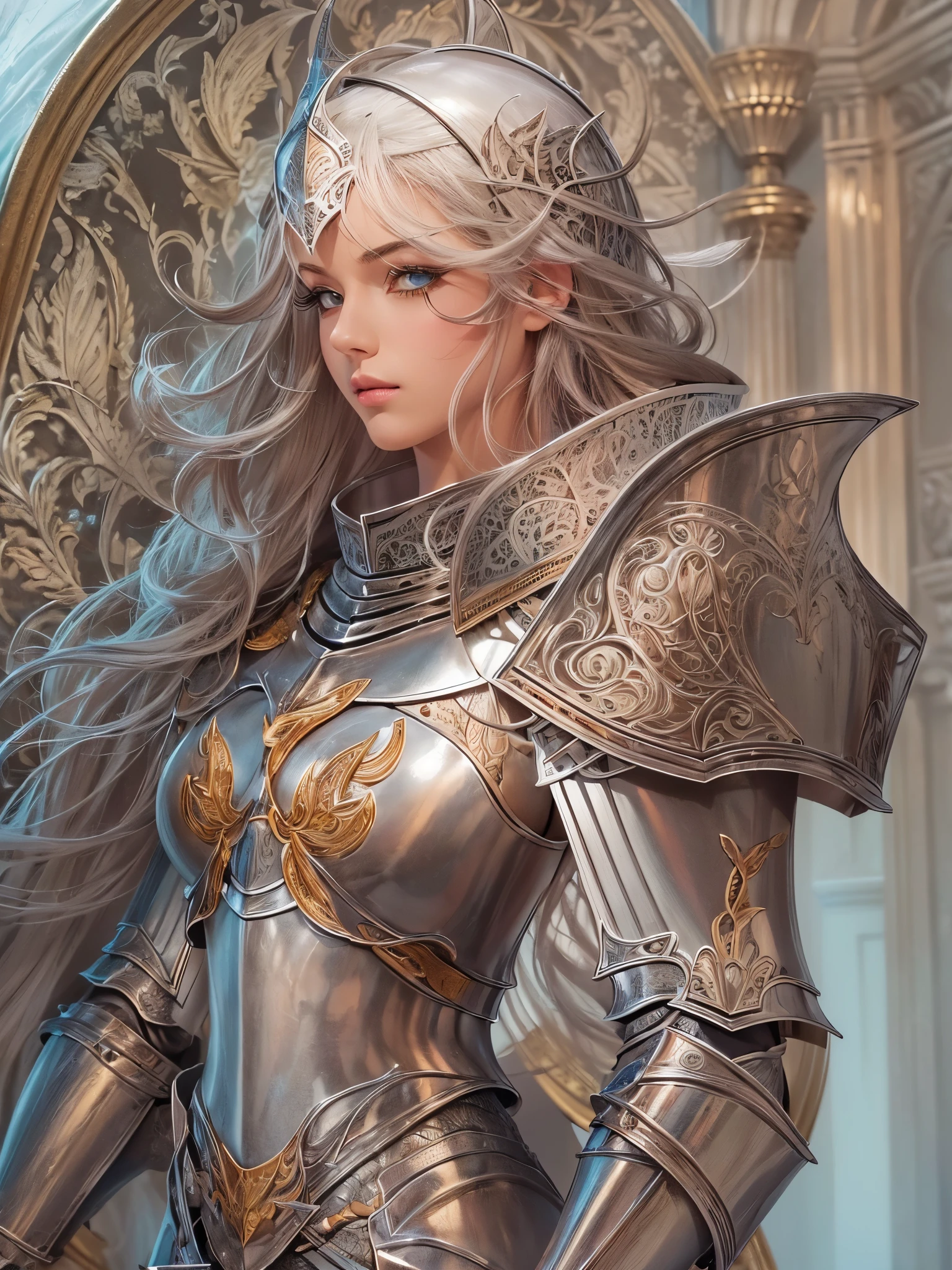 ((highest quality)),(ultra high resolution),(Super detailed),(detailed description),((best CG)),(best work of art),super precision art,great drawing art,(Fantasy art with precise details:1.5), (1 Female Knight:1.7)(Thoroughly detailed full-body armor:1.5,Delicate and detailed reliefs:1.3,Shining jewels embedded in various places:1.3),A cloak with precise embroidery in every detail.:1.5,(beautiful and well-shaped face:1.5),(natural makeup:1.5), Medieval style cityscape:1.6