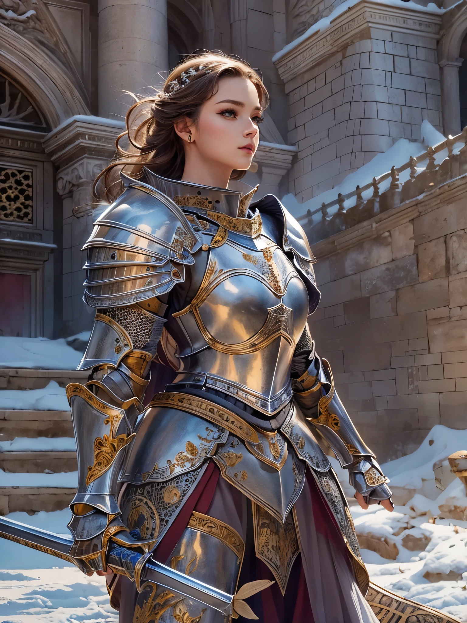 A close up of a woman in a armor outfit holding a sword - SeaArt AI
