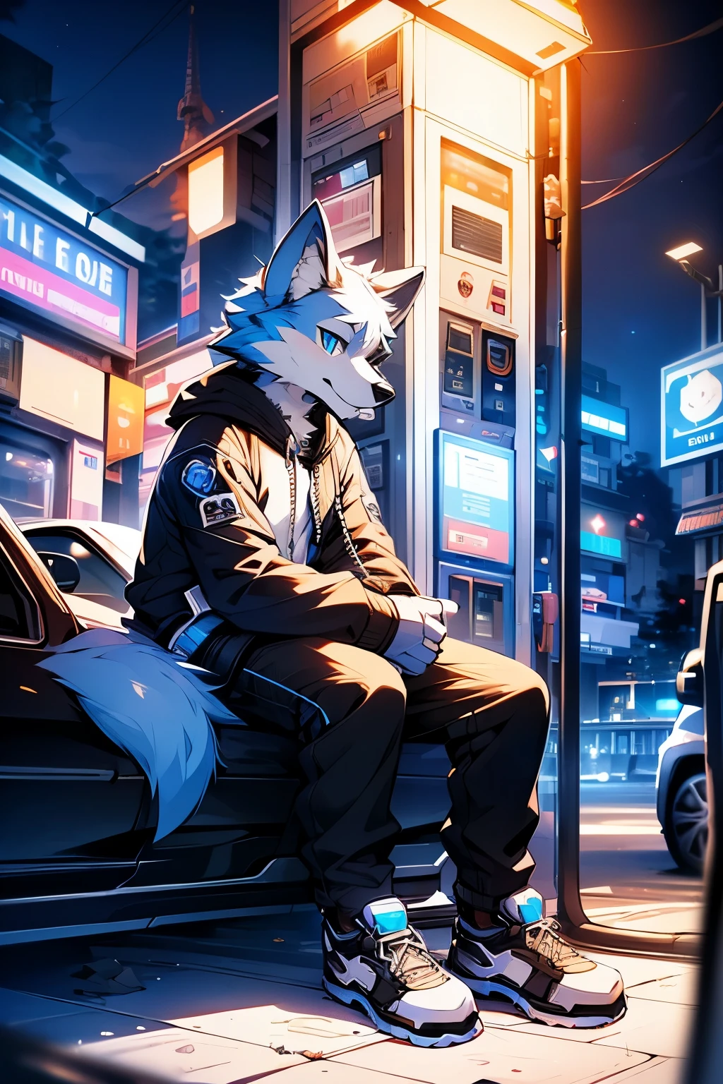 fur,black and white shoes,blue hair,Leaning on the car ,boy,furry,wolf,night,4K,neon,gas station,purple BMW car