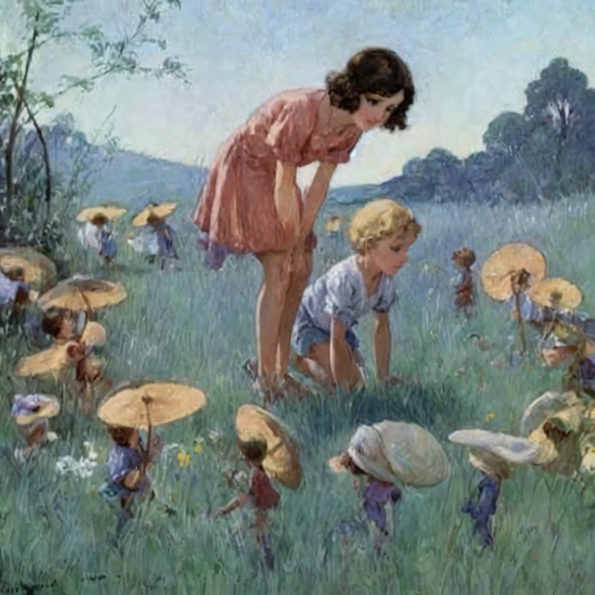 painting of a woman and children playing in a field with umbrellas, small Fadas, Direction: Cicely Maria Barker, Direction: Ida Rentoul Outhwaite, Fadas, Direction: Clara Tecelã Parrish, por Dorothy Hood, tiny Fadas, Direction: Robert Alwyn Hughes, Direction: Harry Shoulberg, Direction: dorothy johnstone, Fadas, Direction: Jessie Newberry, classic illustration