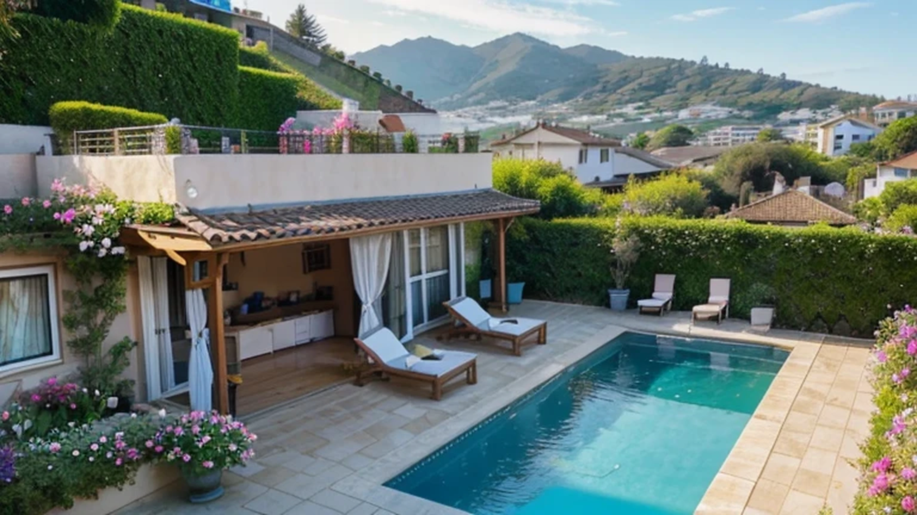 Spring is still in bloom, view from the balcony in a house on a hill in a flowering garden by the pool, there are a lot of people in bikinis in the pool, view of the bay from the hill, Sea & Mountains, flowers, plants, bright colors, a high resolution, extremely detailed