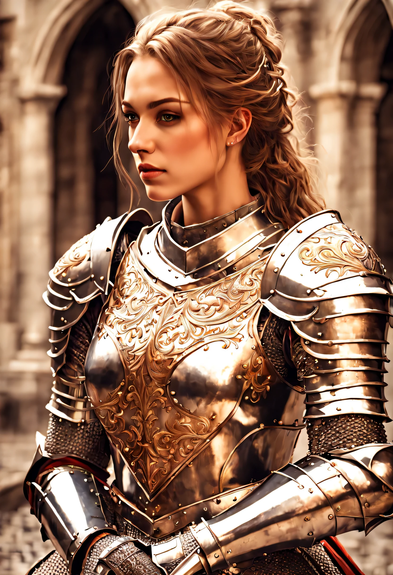 ((highest quality)),(ultra high resolution),(Super detailed),(detailed description),((best CG)),(best work of art),super precision art,amazing drawing art,(Fantasy art with precise details:1.5), (1 Female Knight:1.7)(Full body armor with attention to detail:1.5,Delicate and detailed relief:1.3,Shining jewels embedded in various places:1.3),A cloak with detailed embroidery.:1.5,(beautiful and well-shaped face:1.5),(natural makeup:1.5), Medieval style cityscape:1.6