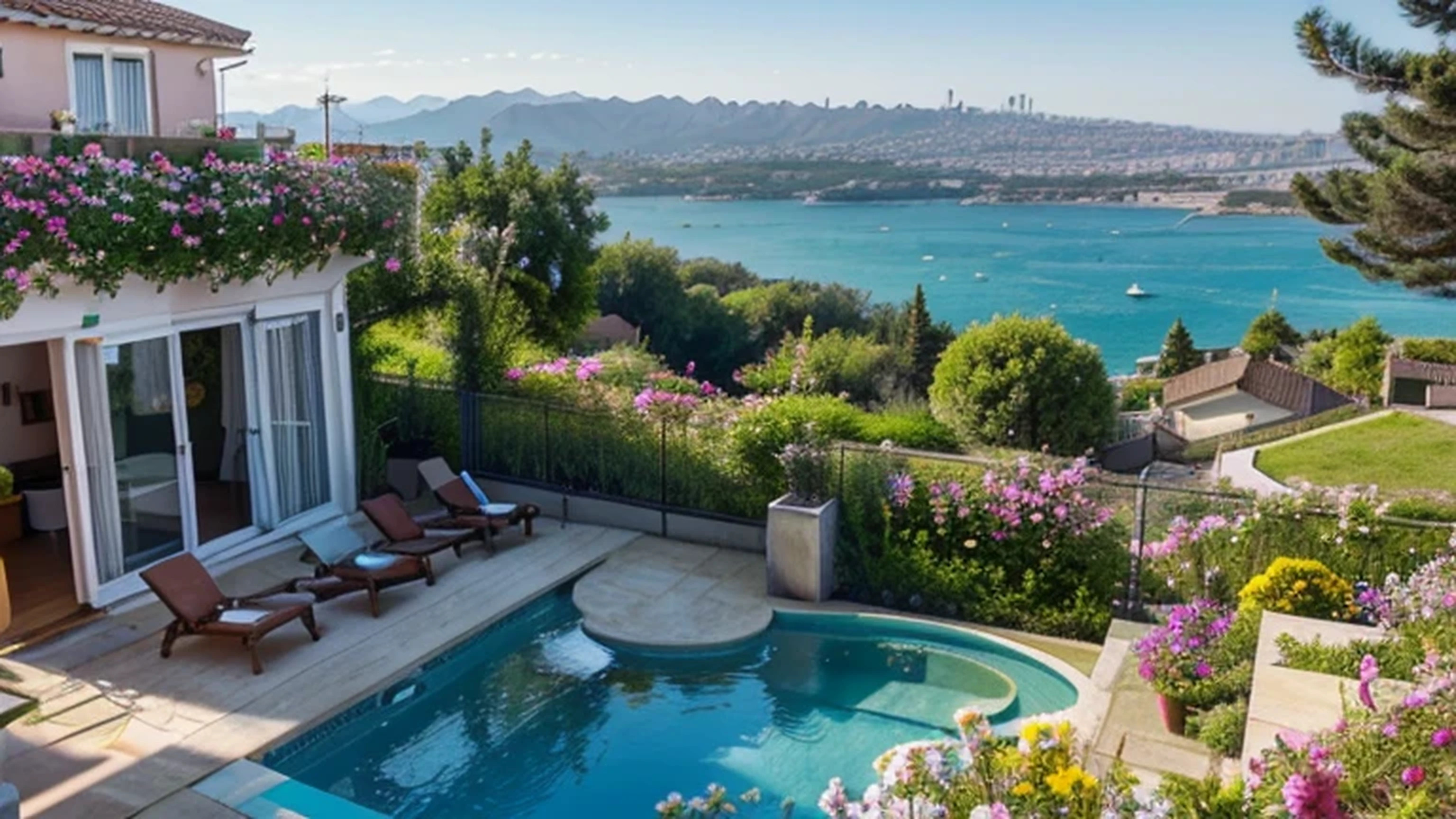 Spring is still in bloom, view from the balcony in a house on a hill in a flowering garden by the pool, there are a lot of people in bikinis in the pool, view of the bay from the hill, Sea & Mountains, flowers, plants, bright colors, a high resolution, extremely detailed