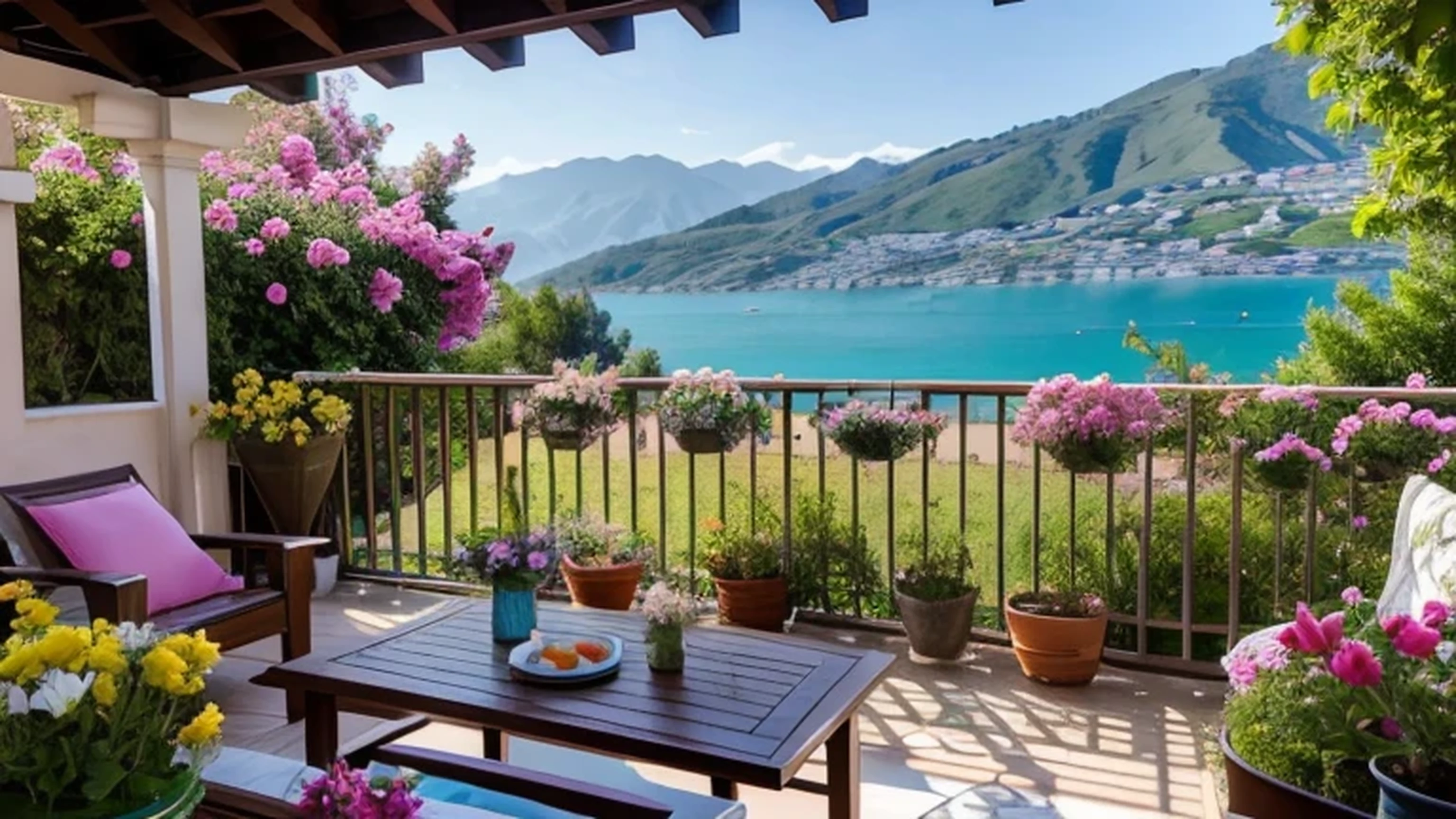 Spring is still in bloom, view from the balcony in a house on a hill in a flowering garden by the pool, there are a lot of people in bikinis in the pool, view of the bay from the hill, Sea & Mountains, flowers, plants, bright colors, a high resolution, extremely detailed