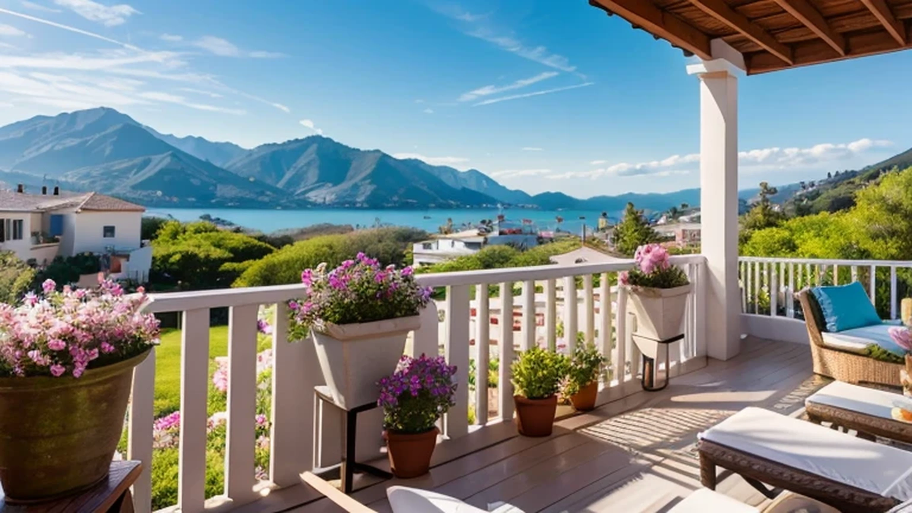 Spring is still in bloom, view from the balcony in a house on a hill in a flowering garden by the pool, there are a lot of people in bikinis in the pool, view of the bay from the hill, Sea & Mountains, flowers, plants, bright colors, a high resolution, extremely detailed