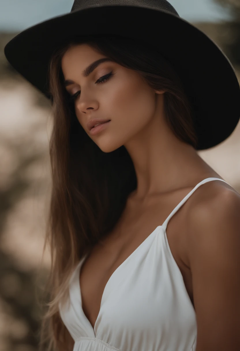 (melhor qualidade, obra de arte, rosto perfeito) Cabelo preto,  pale 18 year old, tits grandes, white summer dress, big white hat