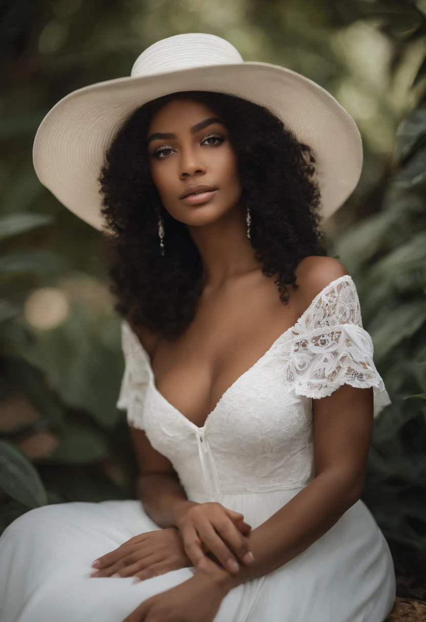 (highres,photorealistic)A beautiful and realistic black girl dressed in a white dress,strong light on the black skin, African-American fashion,strong highlight,strongly relieved skin,detailed facial features,smooth skin texture,beautiful detailed eyes,beautiful detailed lips,longeyelashes,confident and alluring expression,gentle and graceful posture,posing in a lush garden,rich green foliage surrounding her, vibrant flowers in full bloom, delicate petals reflected by the sunlight, a serene and peaceful atmosphere,portraits, contrasting colors, warm and cool tones, soft and natural lighting,creating a captivating and mesmerizing piece of art.