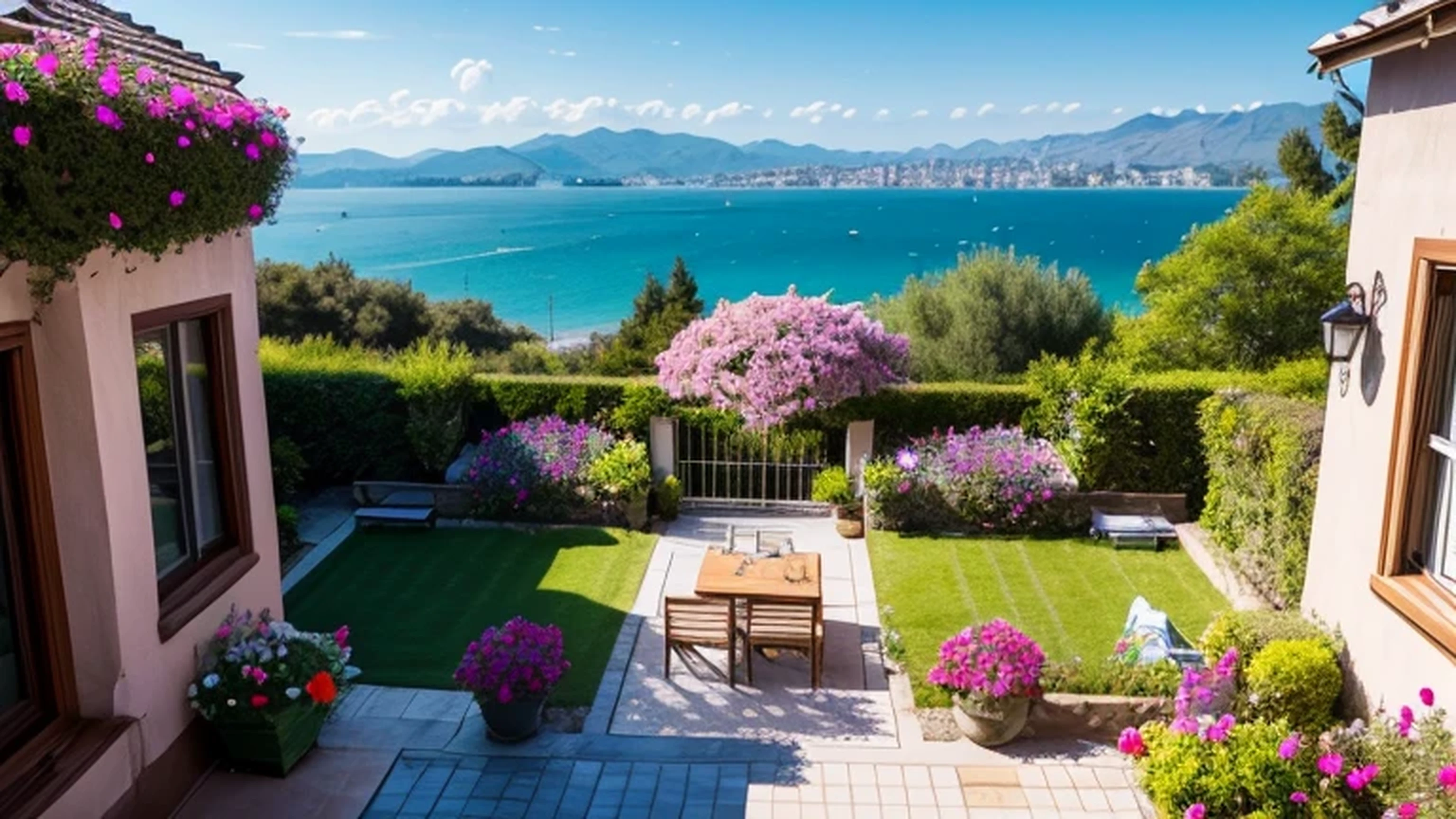 Spring is still in bloom, view from the balcony in a house on a hill in a flowering garden by the pool, there are a lot of people in bikinis in the pool, view of the bay from the hill, Sea & Mountains, flowers, plants, bright colors, a high resolution, extremely detailed