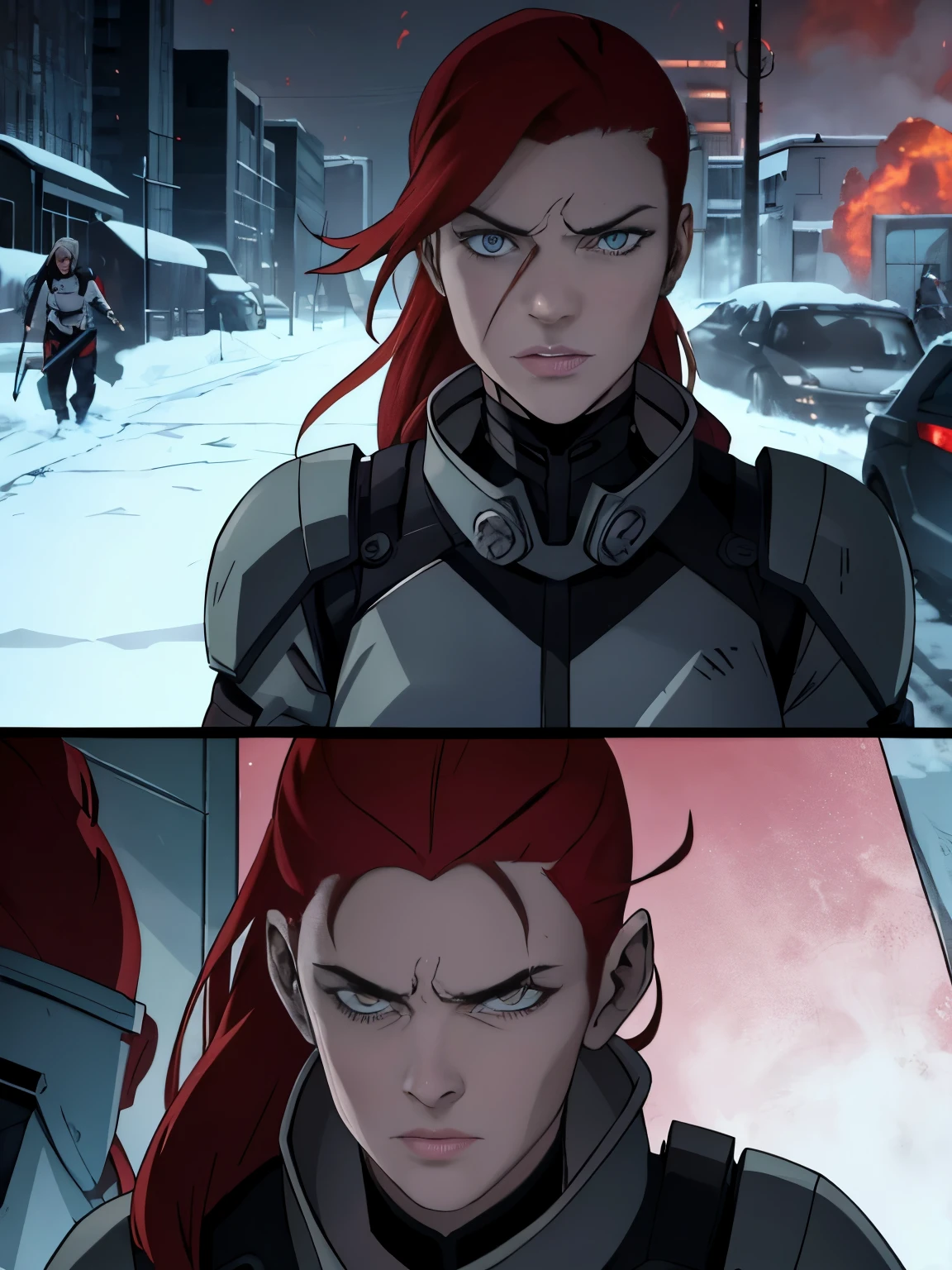 Screenshot from an episode of ChainsawMan, In distant view of a teenage girl with a medium ponytail behind red hair, her burned face and left ear covered in cybernetic. Her right eye color is grey. Her face is scary and angry.  In Chainsaw Man anime style.  She uses a large scythe as a weapon. She is accompanied by another person the same age as her who has short black hair with clips and dark yellow eyes.