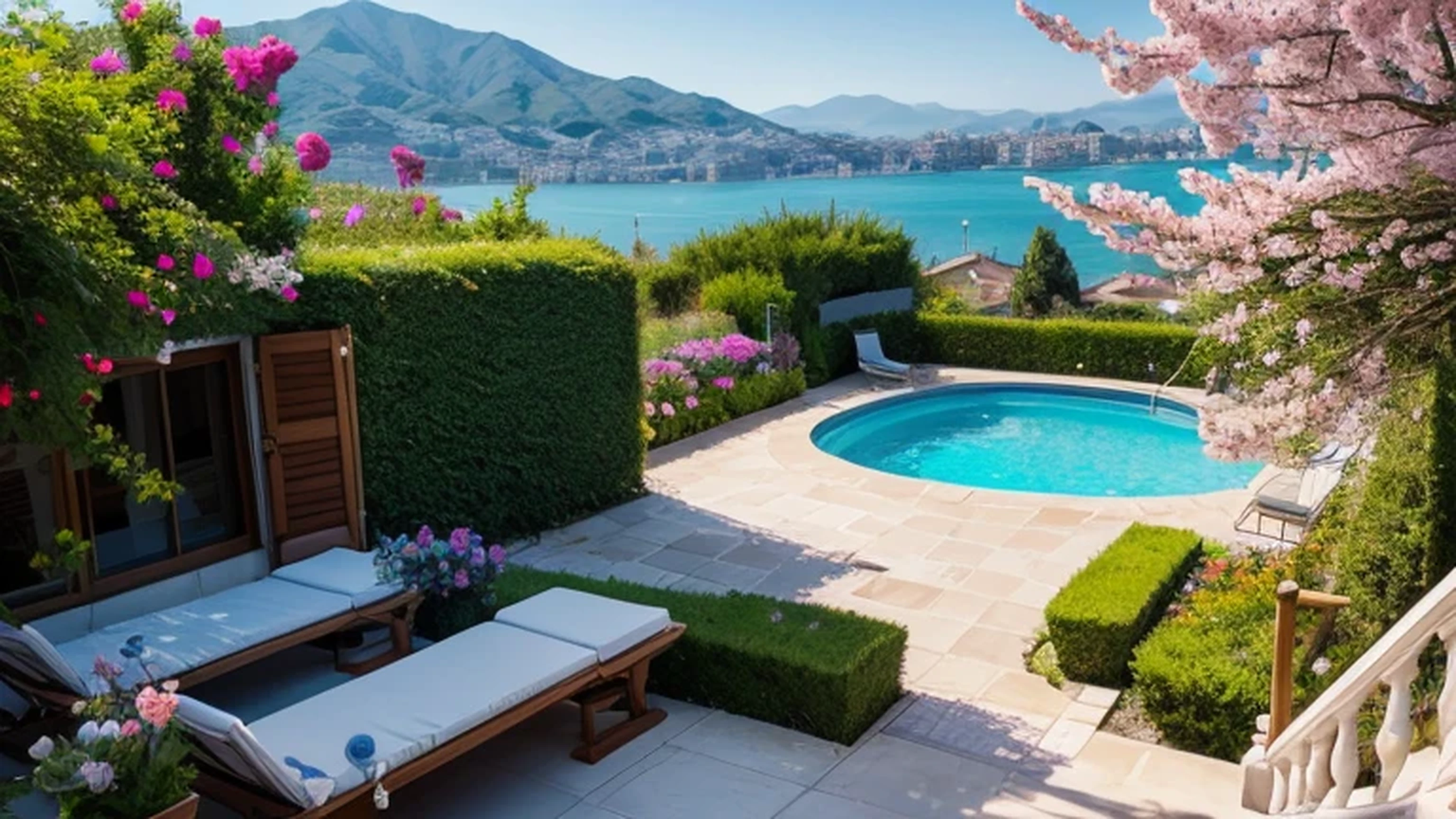 Spring is still in bloom, view from the balcony in a house on a hill in a flowering garden by the pool, there are a lot of people in bikinis in the pool, view of the bay from the hill, Sea & Mountains, flowers, plants, bright colors, a high resolution, extremely detailed