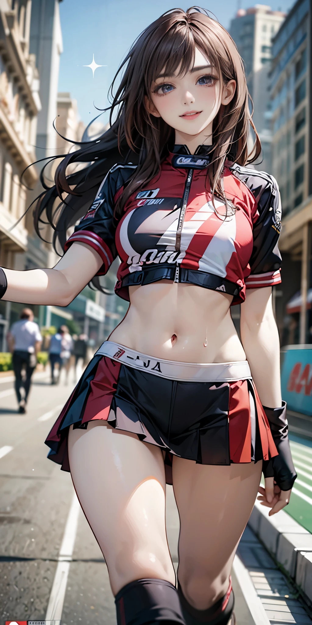 (top-quality)), ((masterpiece)), Pitch Resuit、((Colossal tits:1.4))、goth_punk, 1girl in, 独奏,、top-quality, Photorealistic, An ultra-fine illustrations, beautiful attractive anime girl, miku hatsune, Slender , Tied hair, twintail 、one girls, a photo of girl, Full body shot, Beautiful blue eyes, Turned,、Puffy nipple、ONE PIECE mini skirt dress racing uniform 、sobbing tears、 see -through、kneehighs white、panty shot、(cum in pussy vaginal:1.2)、cum in mouth.、racing circuit、crowd、Being watched、Red racing bike、(G-string :1.3)、Open lips、 ssmile、1Girl straddle on racing bike