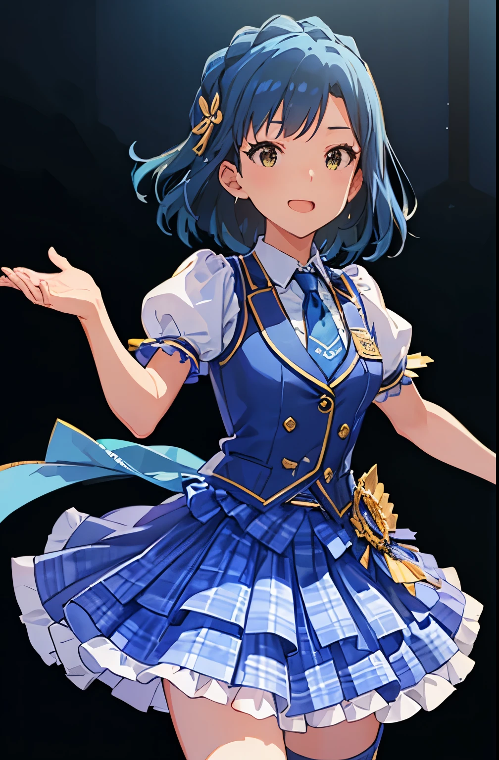 yuriko nanao (million live), 1 girl, Solo, Cute Girl, Best Quality, Ultra-detailed, 8K, High resolution, (((face focus:1.3))), Detailed face, singing on the stage, smile, Bob Hair, ((idol costume:1.2, blue vest, frilled vest:1.5, short sleeves, puffy sleeves, blue necktie, blue skirt, gingham plaid skirt, flared skirt:1.3, layered skirt)), 