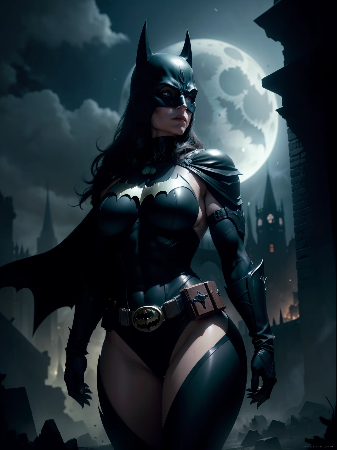 Batman of the Dark Knight is imposing in a lost gothic city. The moonlight highlights your muscles and scars. The scenery is lush and mysterious, com tecnologia futurista e arredores. The camera details everything, uma mulher guerreira, na frente dele.