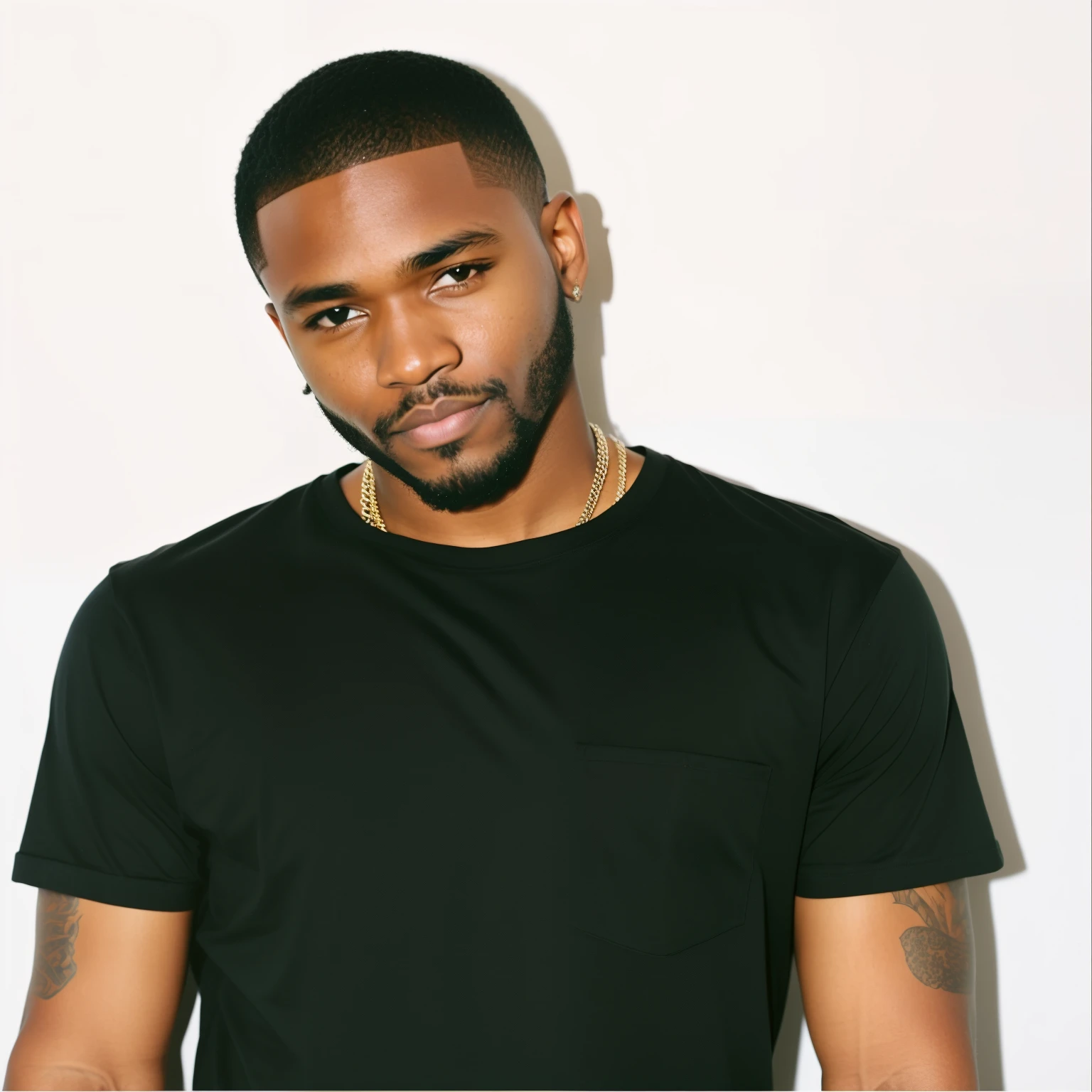 a close up of a man with a beard and a black shirt, teddy fresh, frank ocean, taken in the early 2020s, malcolm hart, mike kime, jordan lamarre - wan, photo shoot, he is wearing a black t-shirt, childish, gallant, official artwork, catalog photo, high quality portrait, promo shot, skyline, laying down wearing a tshirt, shorts and boxers pulled down, his buttcheeks exposed, nsfw, black men surround him, one of their fingers in between the main mans buttocks