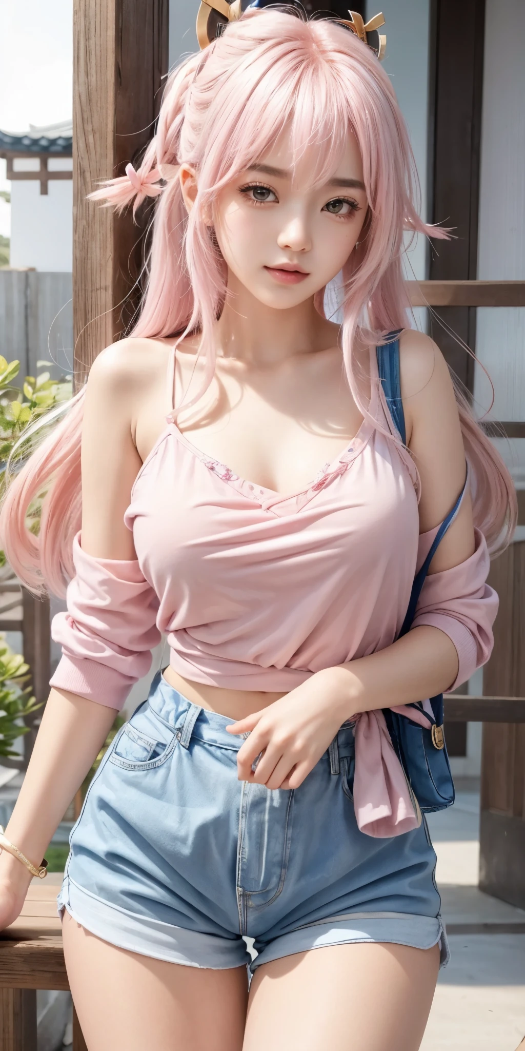 beautiful girl with pink hair and blue shorts posing for a picture, seductive reallistic girl, smooth reallistic, beautiful alluring reallistic woman, attractive reallistic girl, detailed reallistic girl, photorealistic beautiful girl render, beautiful reallistic girl, realistic style, beautiful reallistic woman, pretty beautiful girl, yae miko reallistic, yae miko genshin impact, yae sakura, guuji yae,
