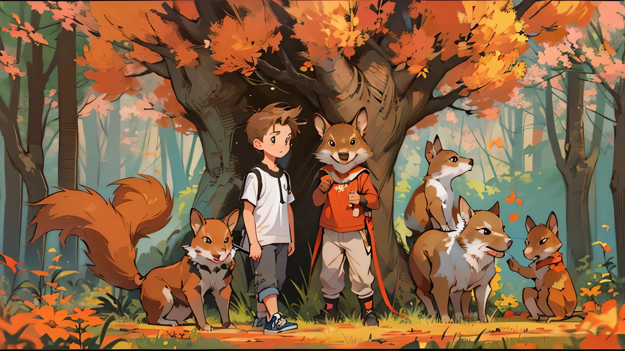 Prompt: Generate an image with a -yeld boa wiggled brown and white dog, and a lively squirrel, all with clear and undistorted faces. The boy is dressed in a casual white shirt, black trousers, and a red backpack with black straps. Ensure the boy is realistically depicted as a 14-year-o wippropte facial features and stature, matching the aesthetic of seed number [insert seed number]. Place all characters together in the scene against a vibrant background of trees and bushes. Pay close attention to maintaining proportional sizes among characters, avoiding any disproportionate enlargement of the squirrel. Capture a harmonious and accurate representation of the boy, the wiggled brown and white dog, and the lively squirrel within this natural and vibrant setting, --seed 2063584062

