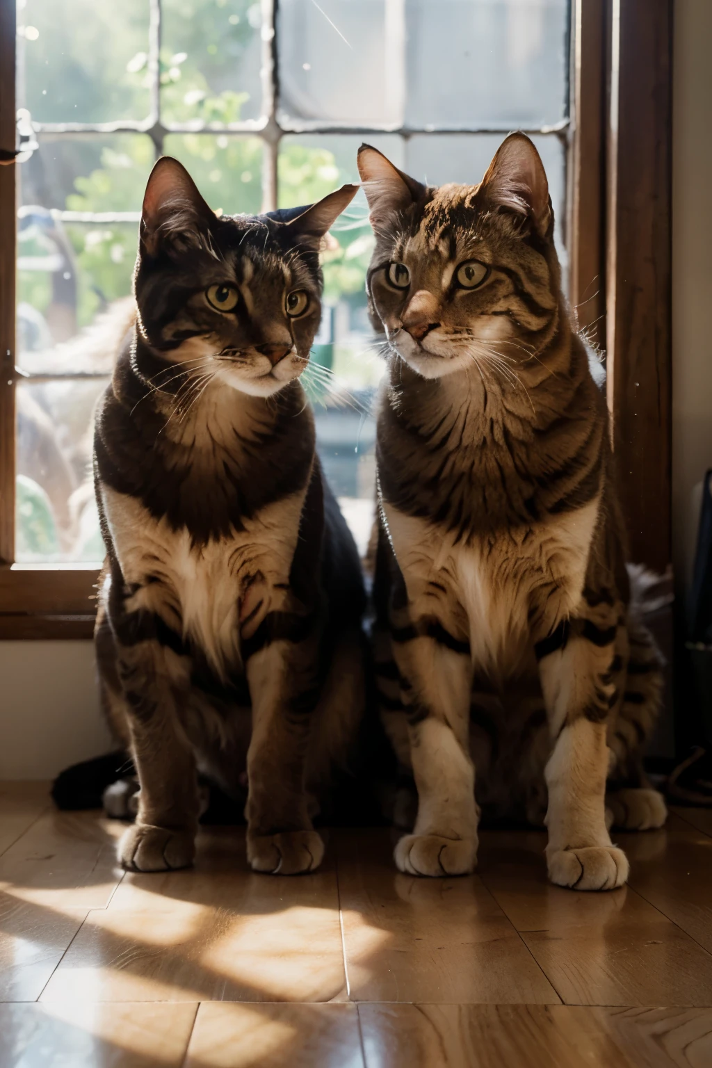 Two felines, with their round eyes brimming with curiosity, pose in front of a sunlit window for their self-portrait. The detailed image captures every inch of their expressive faces and well-groomed fur, enhanced by the professional photography techniques. With a 15mm lens, the wide-angle perspective offers an intimate and engaging view, while the f/2.8 aperture ensures a sharp focus on the subjects. The 1/500 sec shutter speed freezes the moment, as sunlight streams in through the window, casting a warm glow on the scene. ISO 2000 provides ample light sensitivity to create a high-quality and striking photograph.