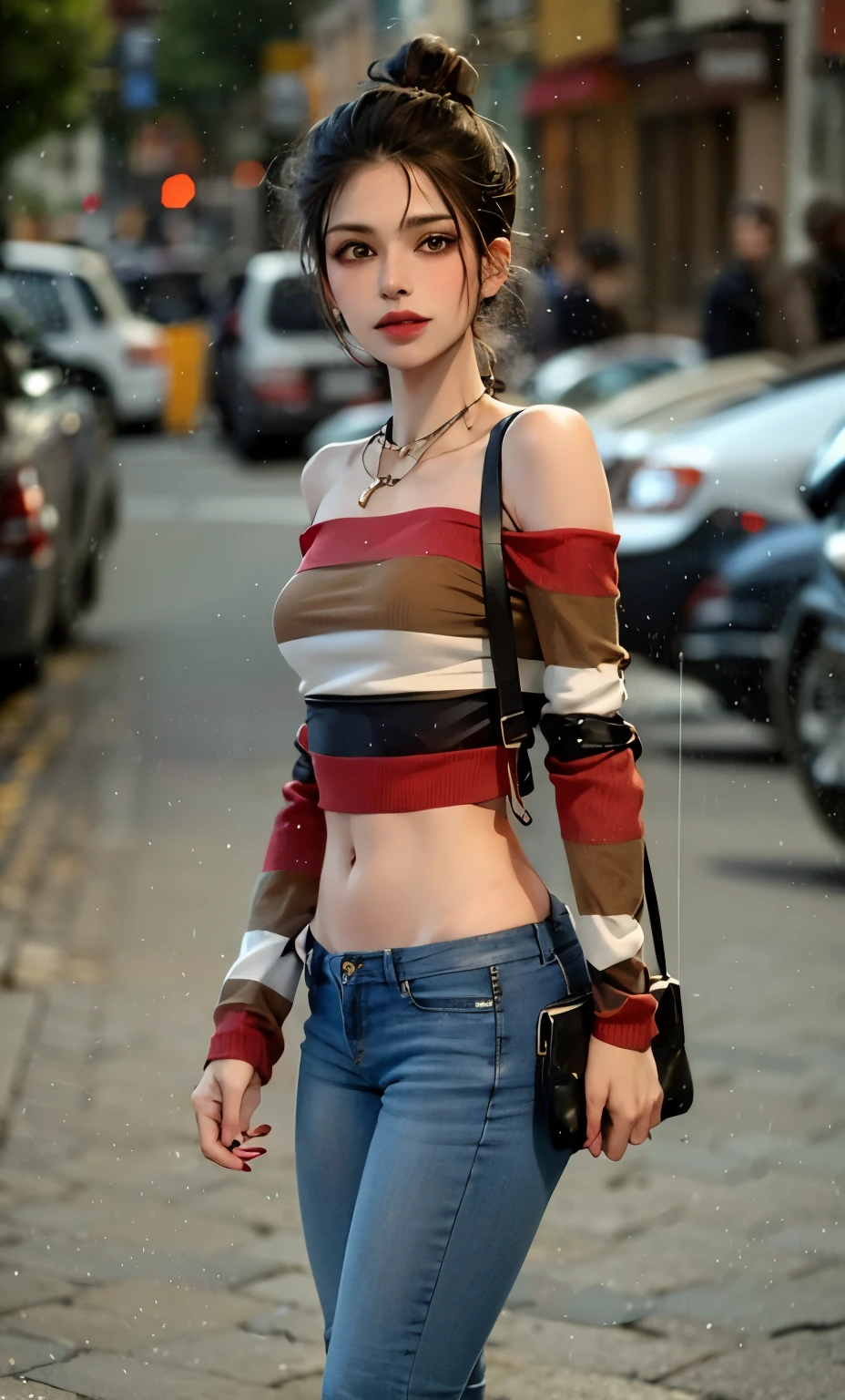 arafed woman in striped top and jeans walking down the street, wearing a cute top, wearing a sexy cropped top, wearing crop top, wearing a cropped tops, wearing a cropped top, wearing a crop top, multilayered outfit, street fashion outfit, exposed midriff, style of julia razumova, 7 0 s vibe, striped sweater, skin showing, hips and groin