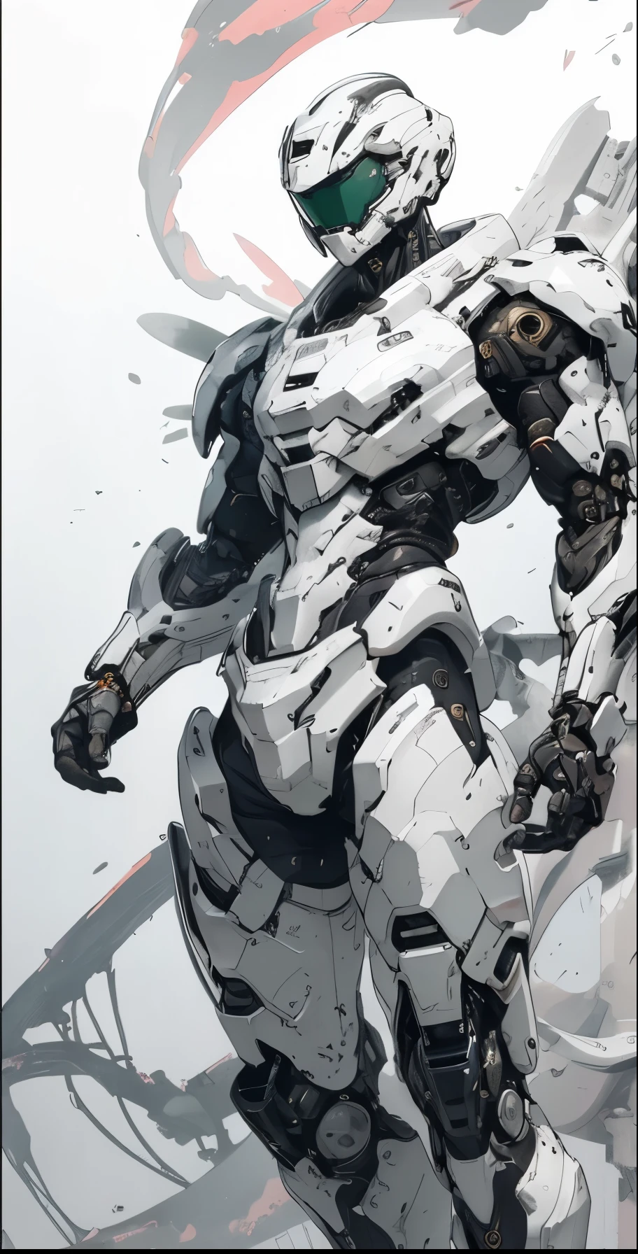 a close up of a deity with a black and red biomechanical body, black and white void space, exquisite mix of magic and science, black and red biomechanical details, silver tracing around some armor pieces, great character design, white biomechanical details, red mecha, highly detailed exquisite art, intricate red armor, no face, halo of energy over his head,