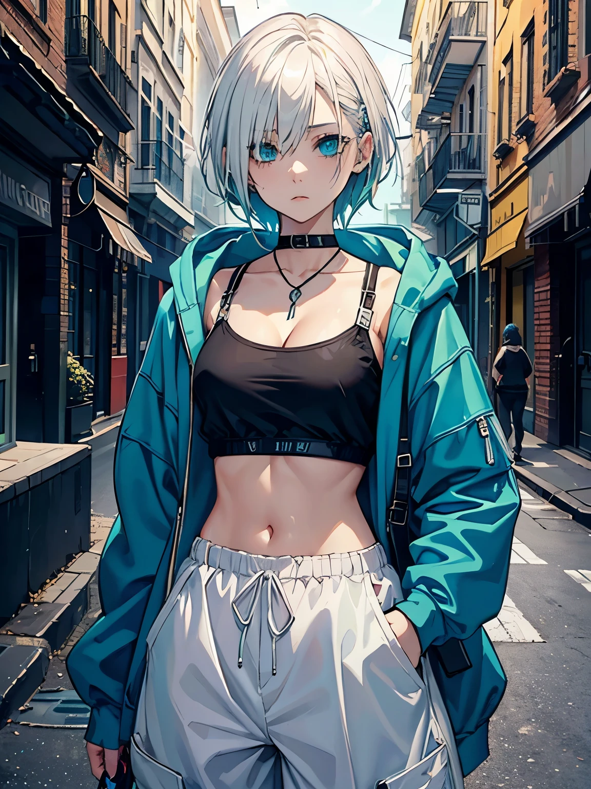 Bodice, Street clothes, cleavage, cropped hoodie, baggy pants, small breasts, layered clothing, goth, green eyes, white hair, blue dye, tips dyed blue, dip dyed, white hair, short hair, blue tips