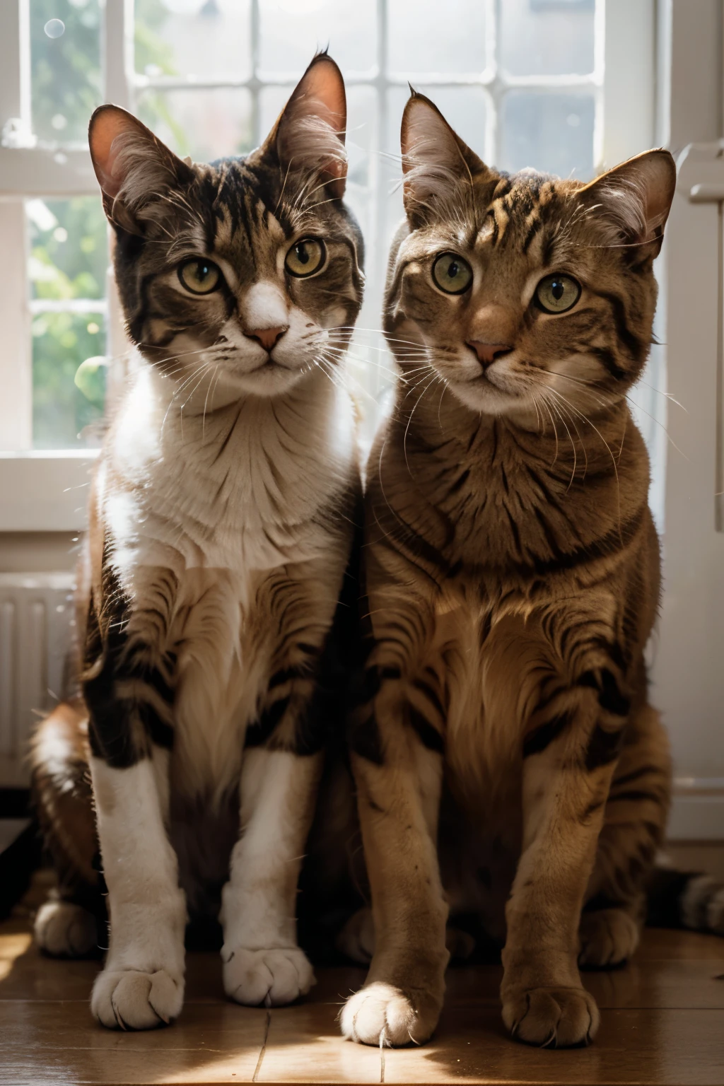Two felines, with their round eyes brimming with curiosity, pose in front of a sunlit window for their self-portrait. The detailed image captures every inch of their expressive faces and well-groomed fur, enhanced by the professional photography techniques. With a 15mm lens, the wide-angle perspective offers an intimate and engaging view, while the f/2.8 aperture ensures a sharp focus on the subjects. The 1/500 sec shutter speed freezes the moment, as sunlight streams in through the window, casting a warm glow on the scene. ISO 2000 provides ample light sensitivity to create a high-quality and striking photograph.