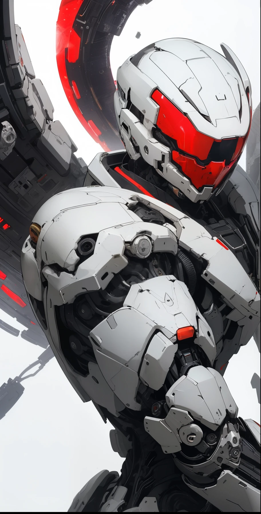a close up of a deity with a black and red biomechanical body, black and white void space, exquisite mix of magic and science, black and red biomechanical details, silver tracing around some armor pieces, great character design, white biomechanical details, red mecha, highly detailed exquisite art, intricate red armor, no face, halo of energy over his head,