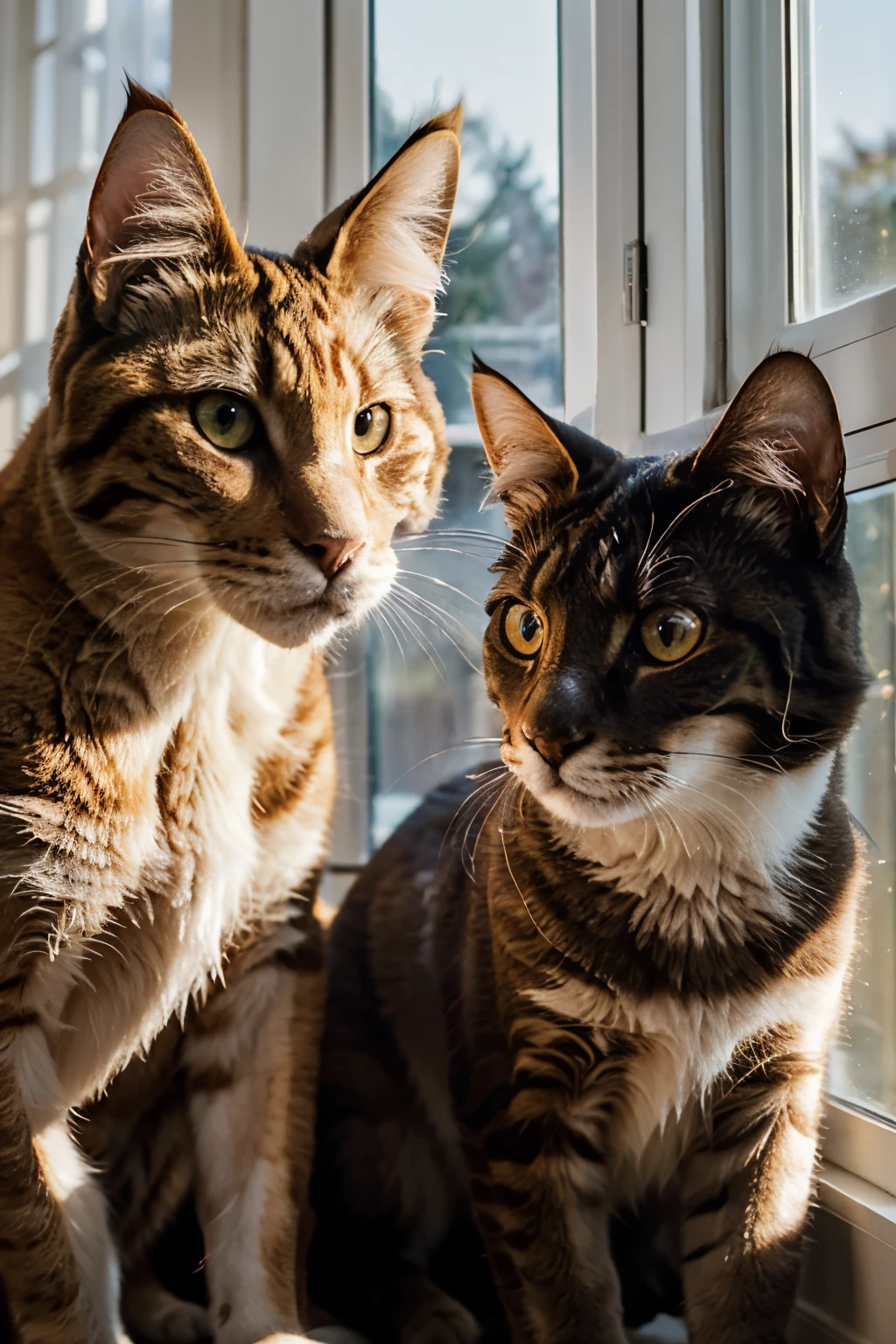 Two felines, with their round eyes brimming with curiosity, pose in front of a sunlit window for their self-portrait. The detailed image captures every inch of their expressive faces and well-groomed fur, enhanced by the professional photography techniques. With a 15mm lens, the wide-angle perspective offers an intimate and engaging view, while the f/2.8 aperture ensures a sharp focus on the subjects. The 1/500 sec shutter speed freezes the moment, as sunlight streams in through the window, casting a warm glow on the scene. ISO 2000 provides ample light sensitivity to create a high-quality and striking photograph.