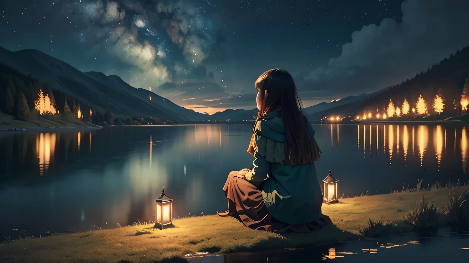 vast water, lake, a girl sthatting by the lake, melancholy, that&#39;it&#39;s raining, dark, green grass, water, Night Lime, dusk sky, Moonlight night, starry sky, beautiful sky