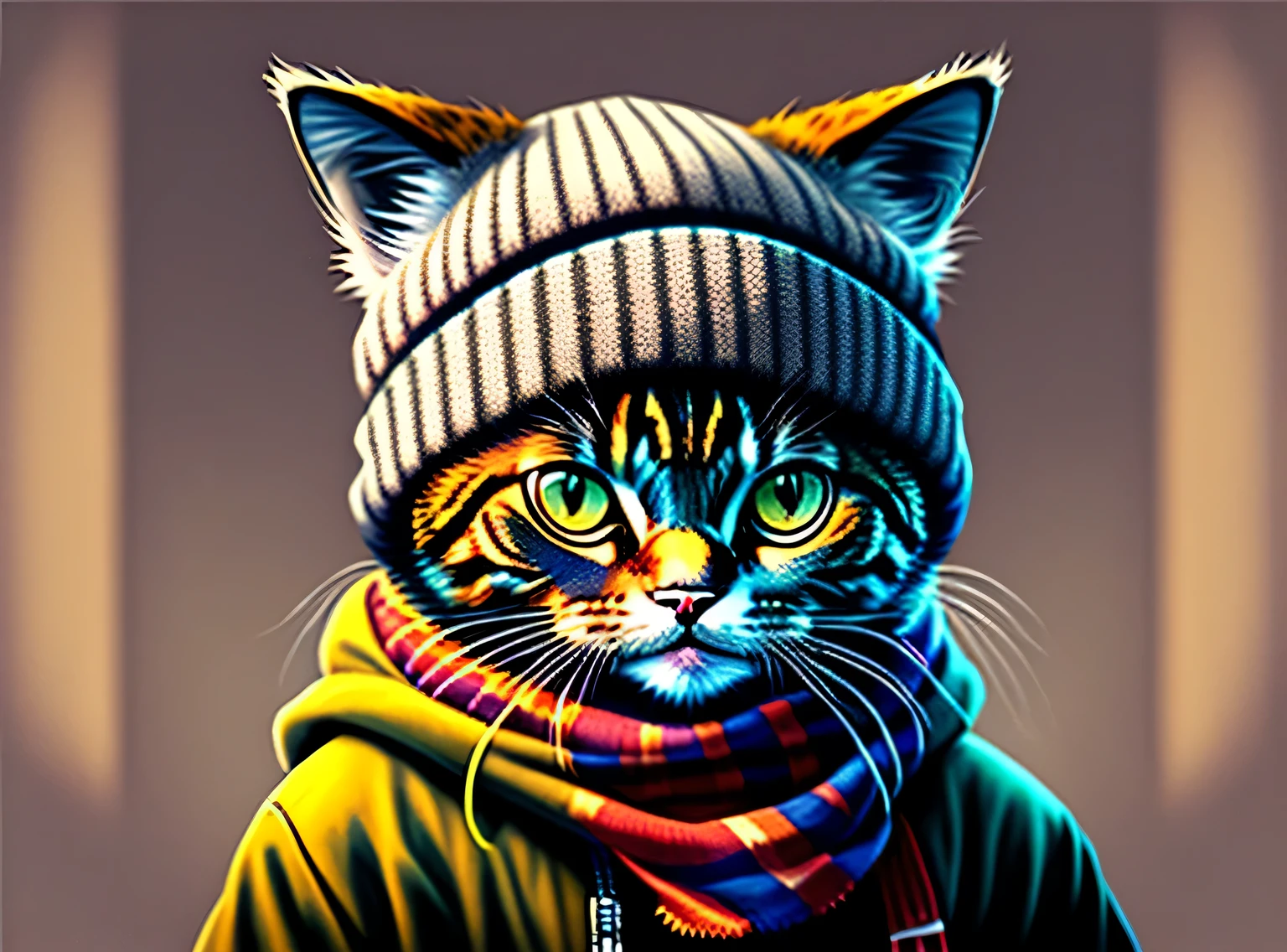 Drawing of a cat in a hat and scarf, Art Station Trend, vestindo roupas punk, hyper realistic detailed rendering, British gang member, estilo urbano, pose intimidante, planeta dos gatos, roupas da moda, samurai urbano , Miau, West Slavic traits, 8 1 5