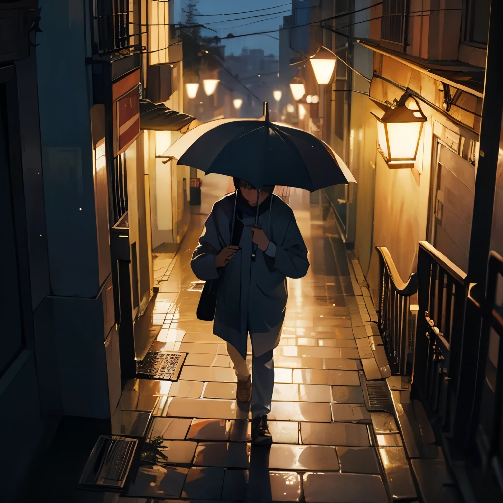 Menino na chuva com um guarda chuvas em uma cidade muito iluminada
