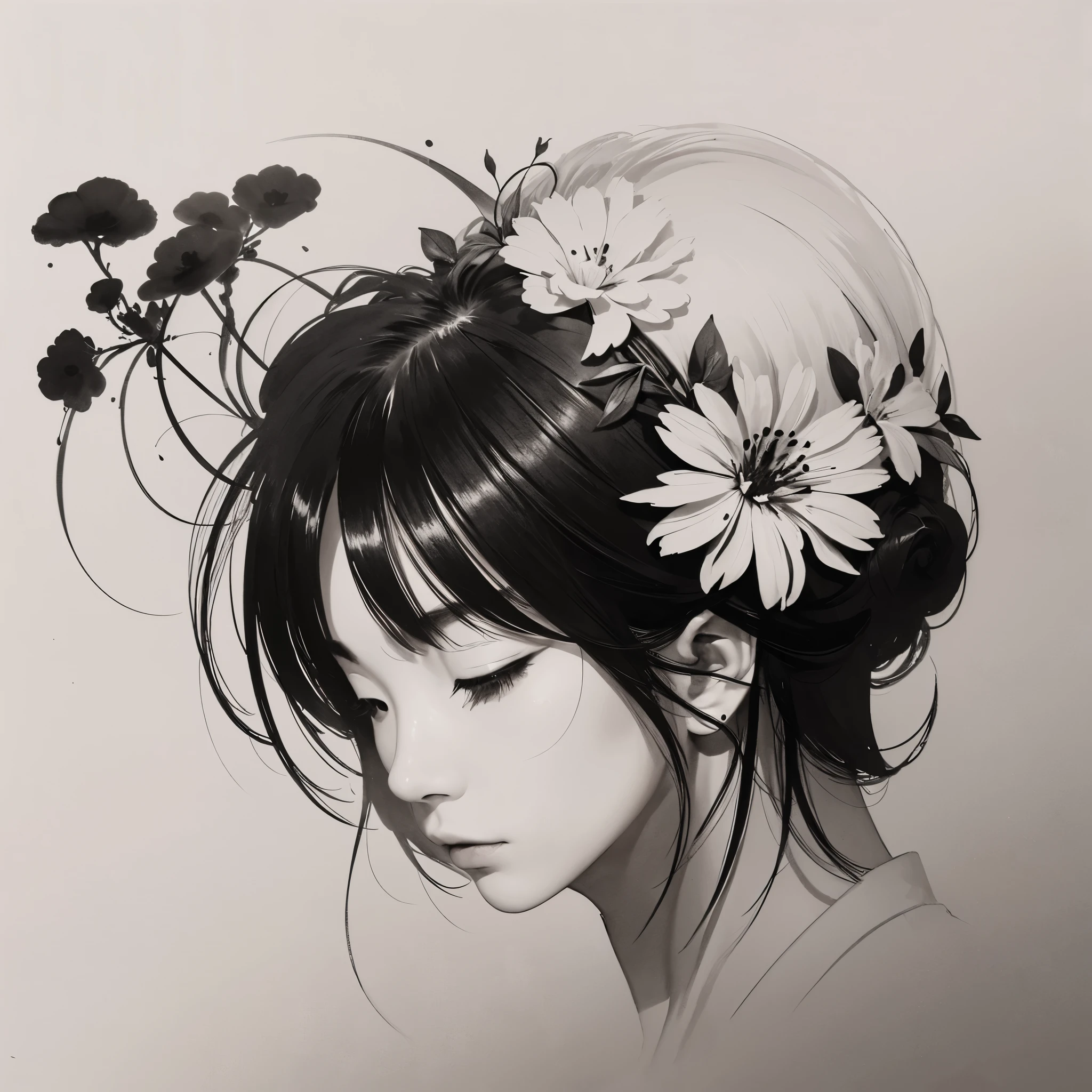 ink sketch,chinese ink painting,knight,centered,portrait,hair pin,smooth,crisp lines,dynamic ink density,flower,minimalist,volumetric light,shadow,spatial perception,墨水风格人物