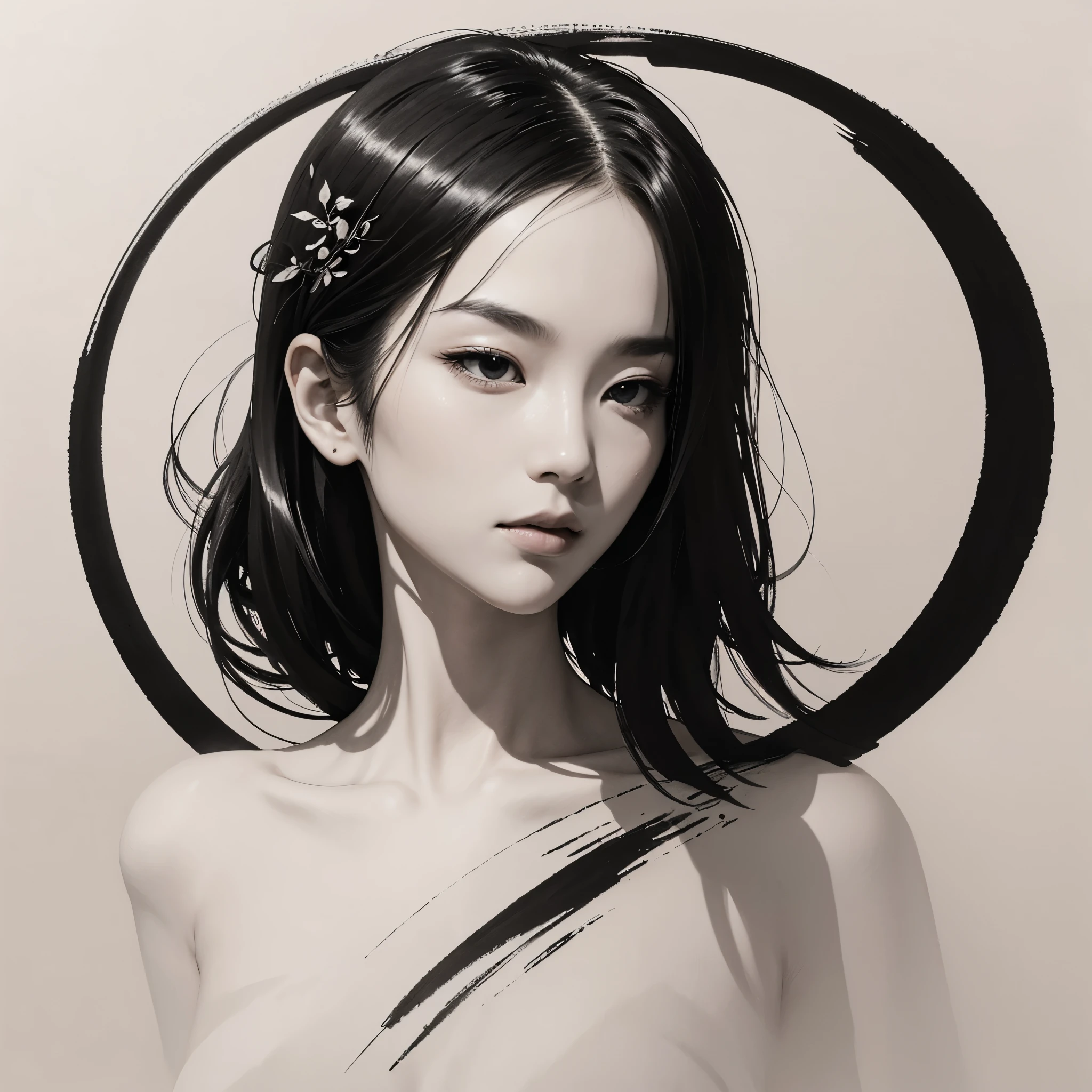 ink sketch,chinese ink painting,knight,centered,portrait,hair pin,smooth,crisp lines,dynamic ink density,flower,minimalist,volumetric light,shadow,spatial perception,墨水风格人物