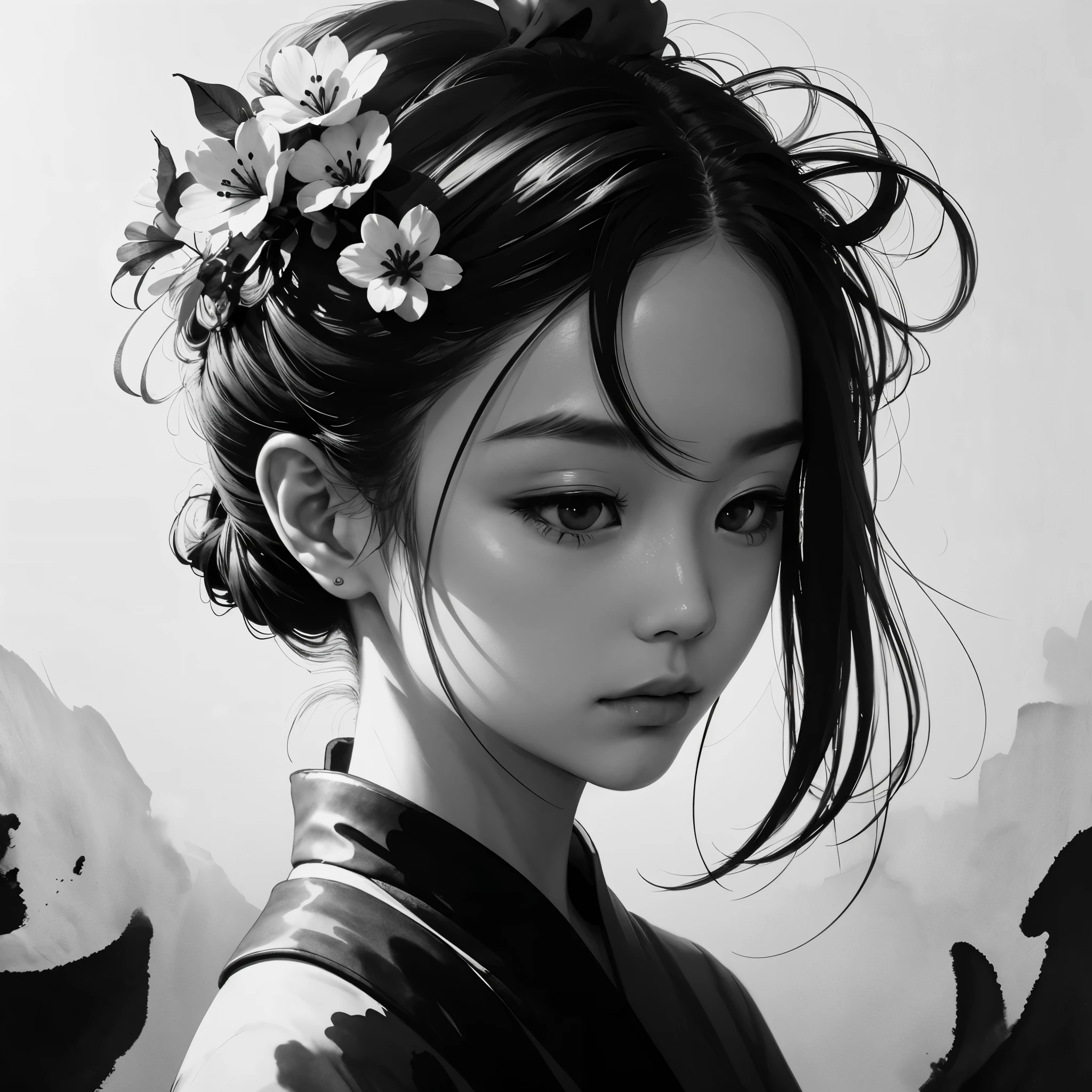 ink sketch,chinese ink painting,knight,centered,portrait,hair pin,smooth,crisp lines,dynamic ink density,flower,minimalist,volumetric light,shadow,spatial perception,墨水风格人物