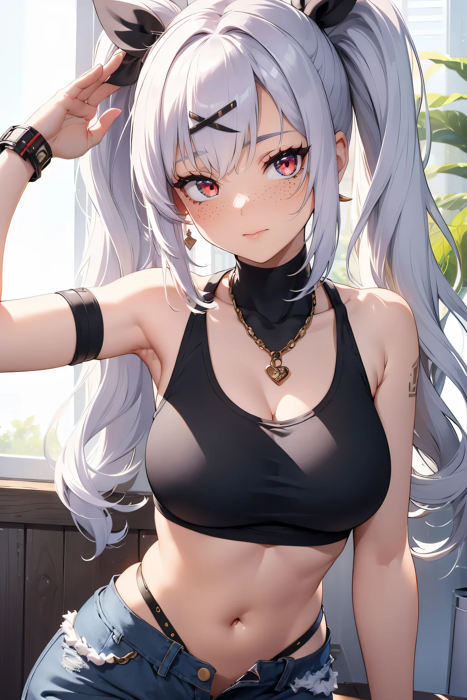 top-quality、Top image quality、masterpiece、girl with((18year old、tatteredclothing、Black Navel Tank Top、White pants、Best Bust、Bust 85 white hair、long hair, pigtails, x ornament, freckles on nose, disheveled ponytail、red eyes、open chest wide、Happiness、Chain Accessories、Black wristband on wrist、saluting、Lean forward to the viewer))hiquality、visualart、Background with((Hawaiian))、masutepiece